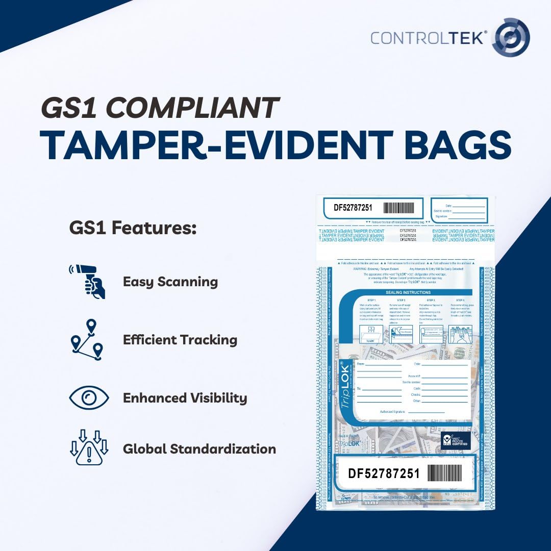 ControlTek TripLok 12" x 16", Clear, 100 Bags, Tamper-Evident Deposit Bags for Cash Handling & Valuables, Moisture, Heat and Cold Sensitive Ink, Tear-Off Receipt + Large Barcodes 585040