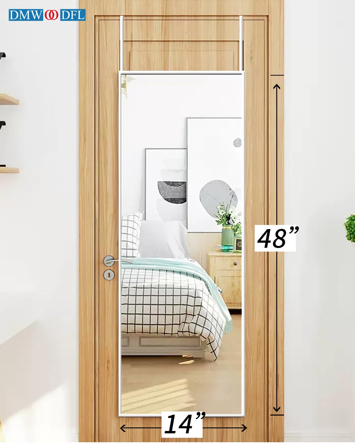 DMWOODFL 48"x14" Over-The-Door Full Length Mirror - No Drill Hanging with Metal Hooks, Shatterproof Glass & Aluminum Frame for Bathroom, Bedroom, Entryway Decor（Silver White）