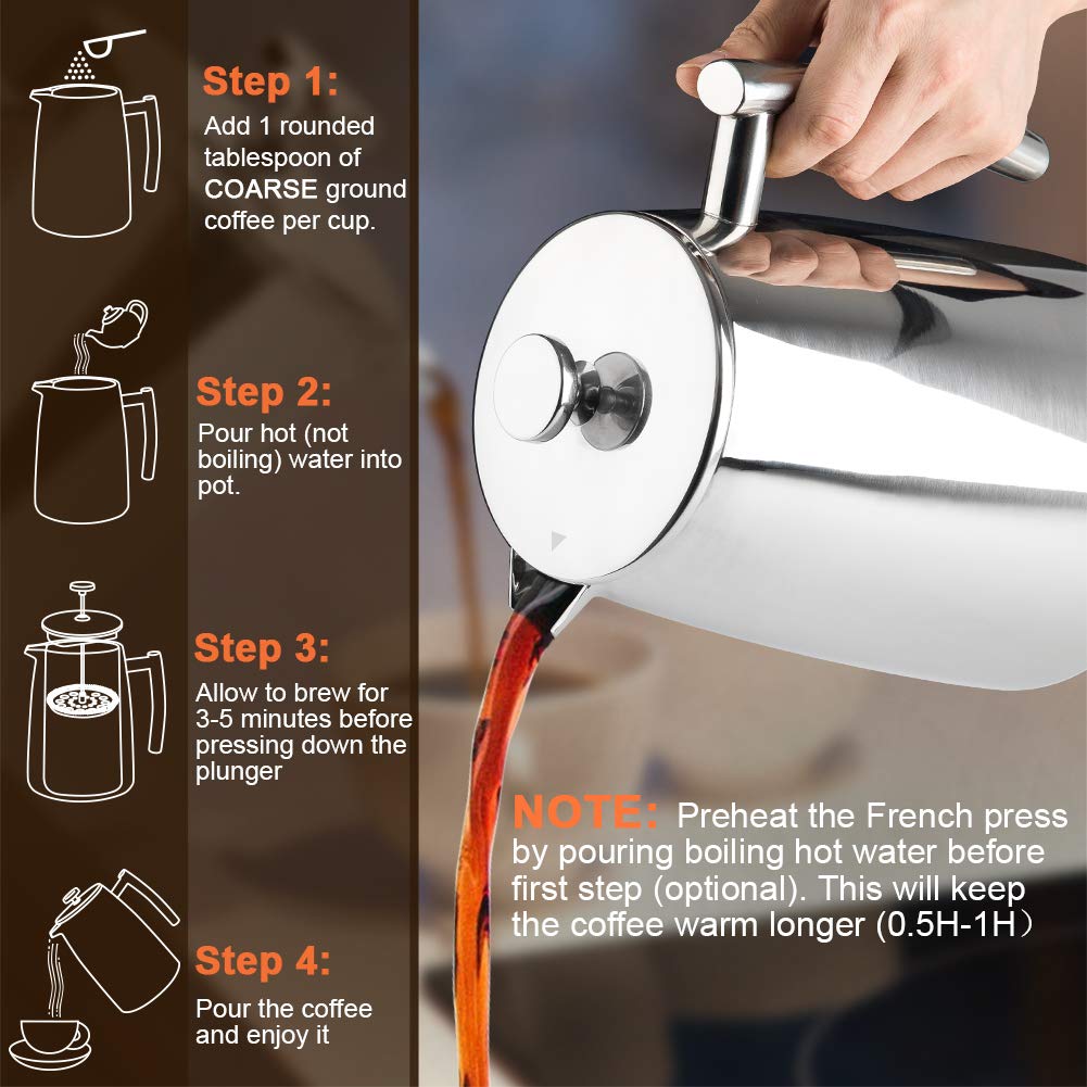 Secura French Press Coffee Maker, 34-Ounce, 304 Stainless Steel Insulated Coffee Press with Extra Screen