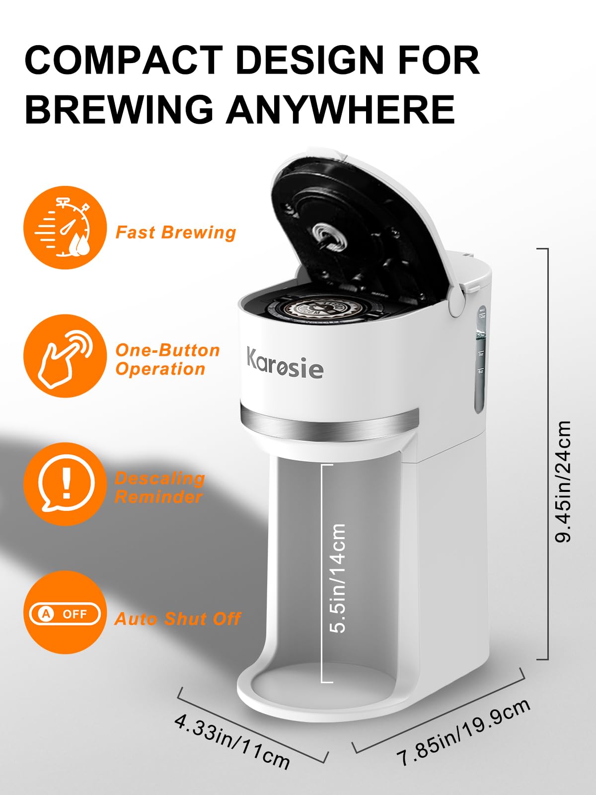 Karosie Single Serve Coffee Maker for K-Cup and Grounds, Fast Brew, 6-12 oz Brew Sizes Single Cup Coffee Maker Fits 5.5" Mugs, One-Button Small Coffee Maker, Descaling Reminder,White,9.45 Inches