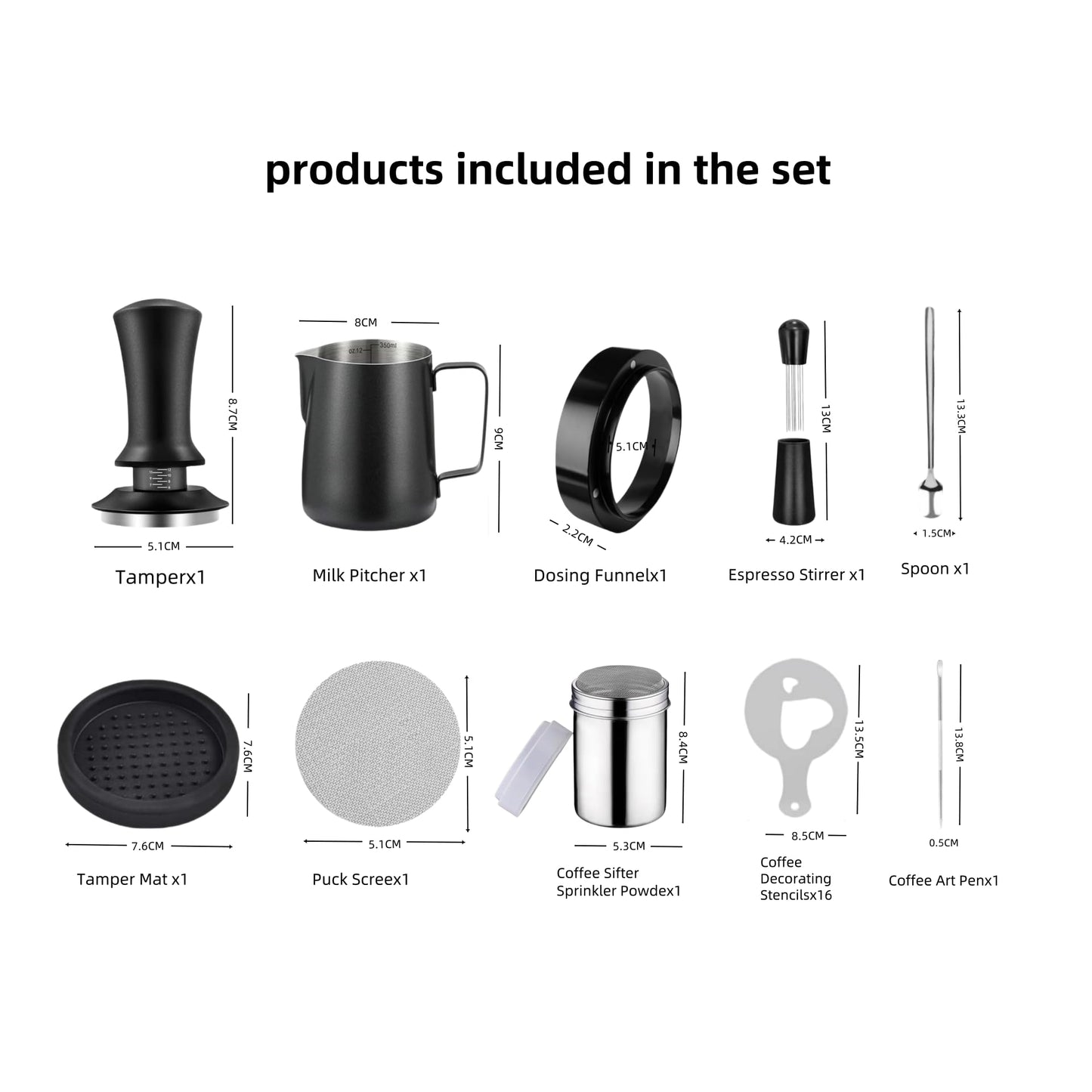 Midochin 25PCS Espresso Accessories Kit - 51mm Spring Loaded Coffee Tamper Set, WDT Tool, Tamper Mat, Coffee Stirrer, puck screen, Frothing Pitcher, Art Pen, Dosing Funnel, Sprinkler Powder, Stencils