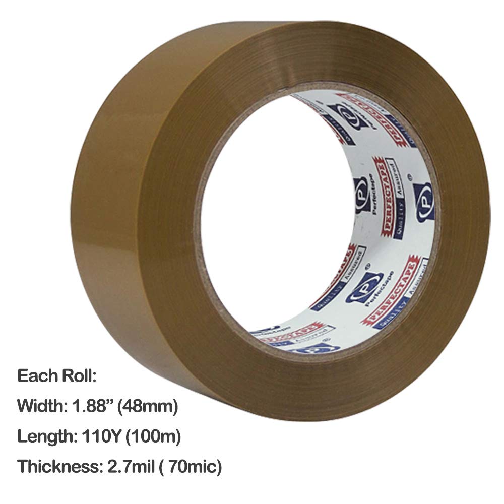 PERFECTAPE Heavy Duty Brown Packing Tape 12 Rolls, Total 1200M, 2.7 mil, 1.88 inch x 100 Meters, Ultra Strong, Refill for Packaging and Shipping