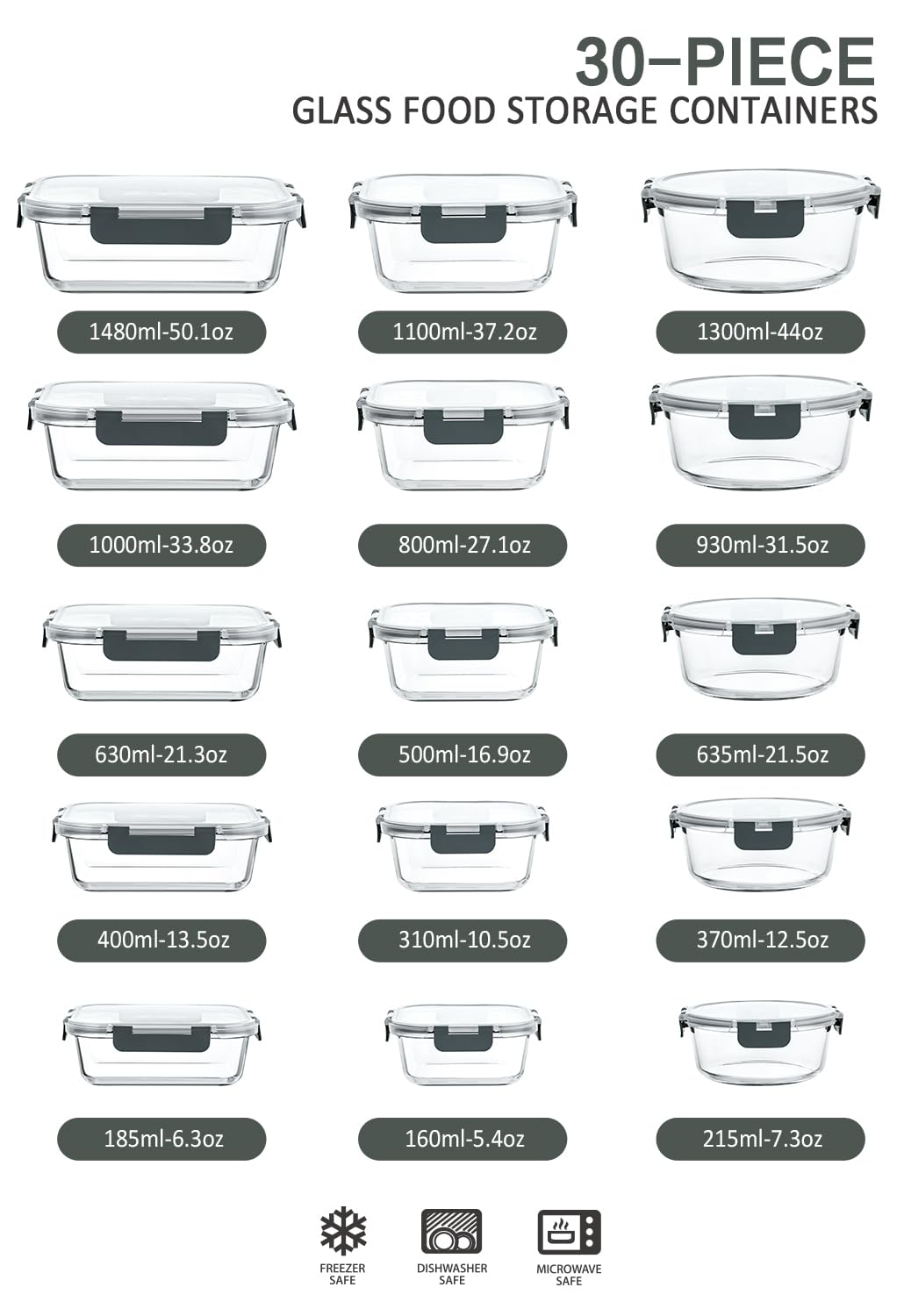 M MCIRCO 30 Pieces Glass Food Storage Containers with Snap Locking Lids,Glass Meal Prep Containers Set - Airtight Lunch Containers, Microwave, Oven, Freezer and Dishwasher