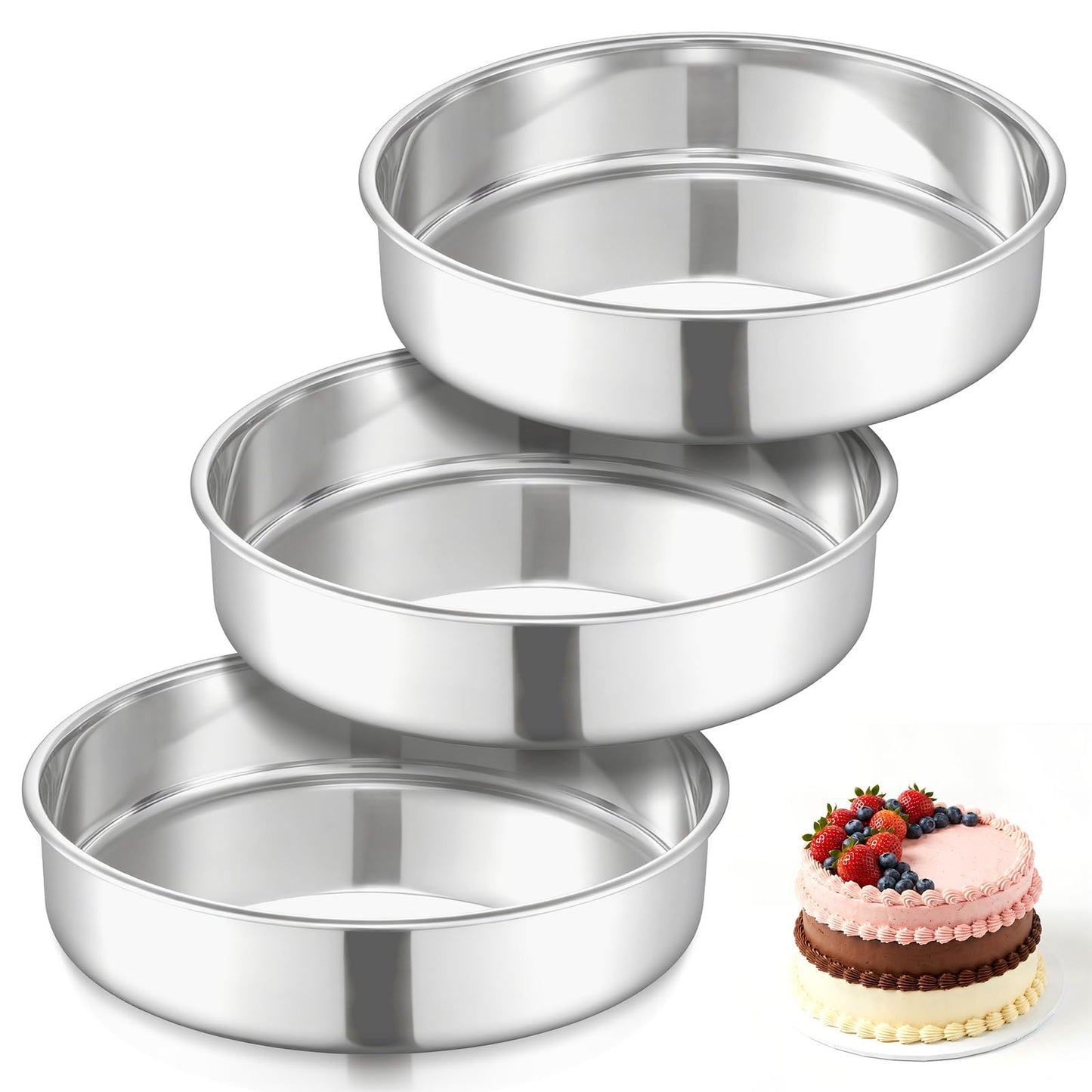 E-far 9 Inch Cake Pan Set of 3, Stainless Steel Round Cake Baking Pans, Non-Toxic & Healthy, Mirror Finish & Dishwasher Safe