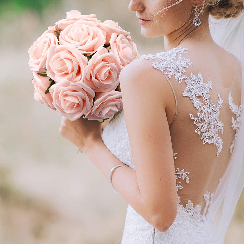 Mocoosy 50Pcs Artificial Roses Flowers, Blush Pink Roses Artificial Flowers Foam Fake Roses with Stem for Wedding Bridal Bouquets Party Centerpieces Artificial Flowers Crafts DIY Home Decoration