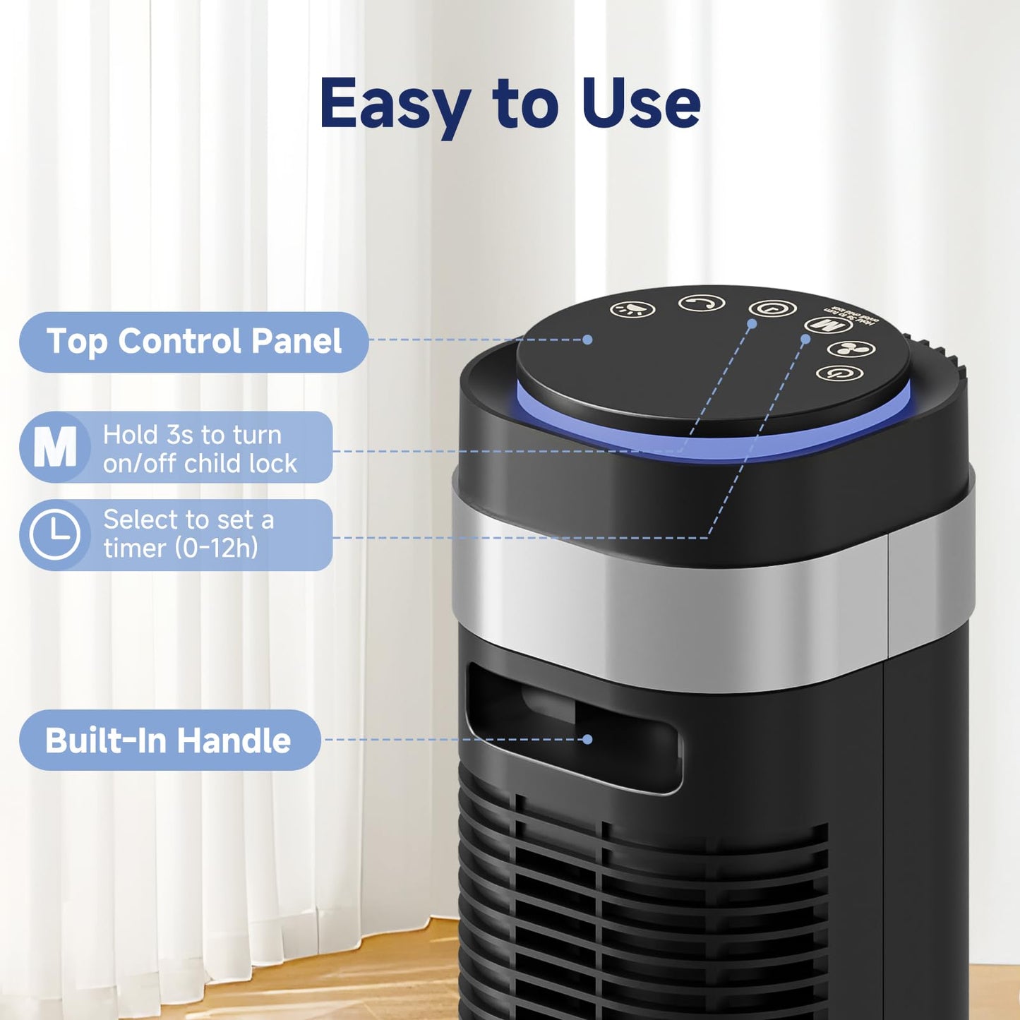 KMFurnila Tower Fan, Oscillating Standing Fans with Remote for Bedroom Home Office, 5 Speeds & 4 Modes, 12H Timer，LED Display, 22.3ft/s High Velocity, Modern Black