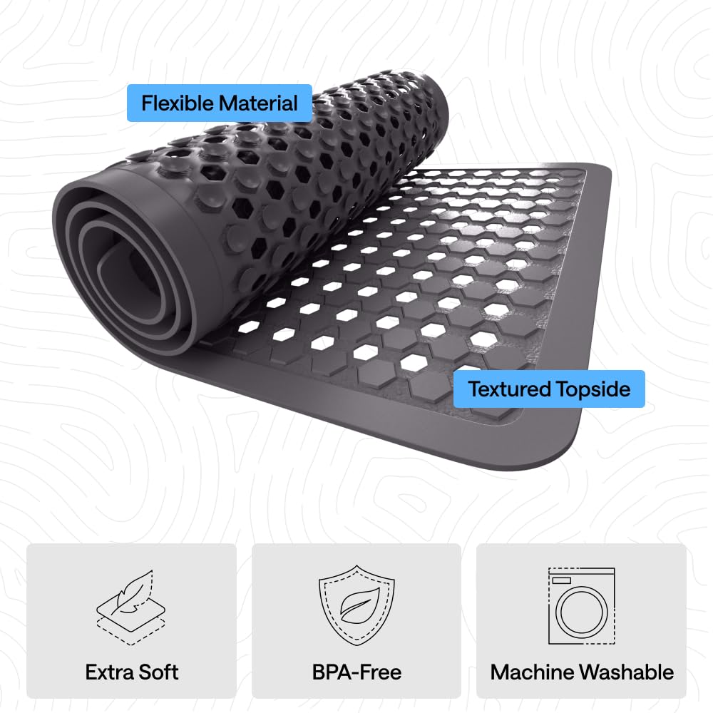 GORILLA GRIP Patented Bath Tub Shower Mat, Machine Washable Bathtub Floor Liner Mats, Suction Cups and Drain Holes to Keep Tubs Clean, Soft on Feet, Bathroom Essentials, 35x16 Inch, Beige
