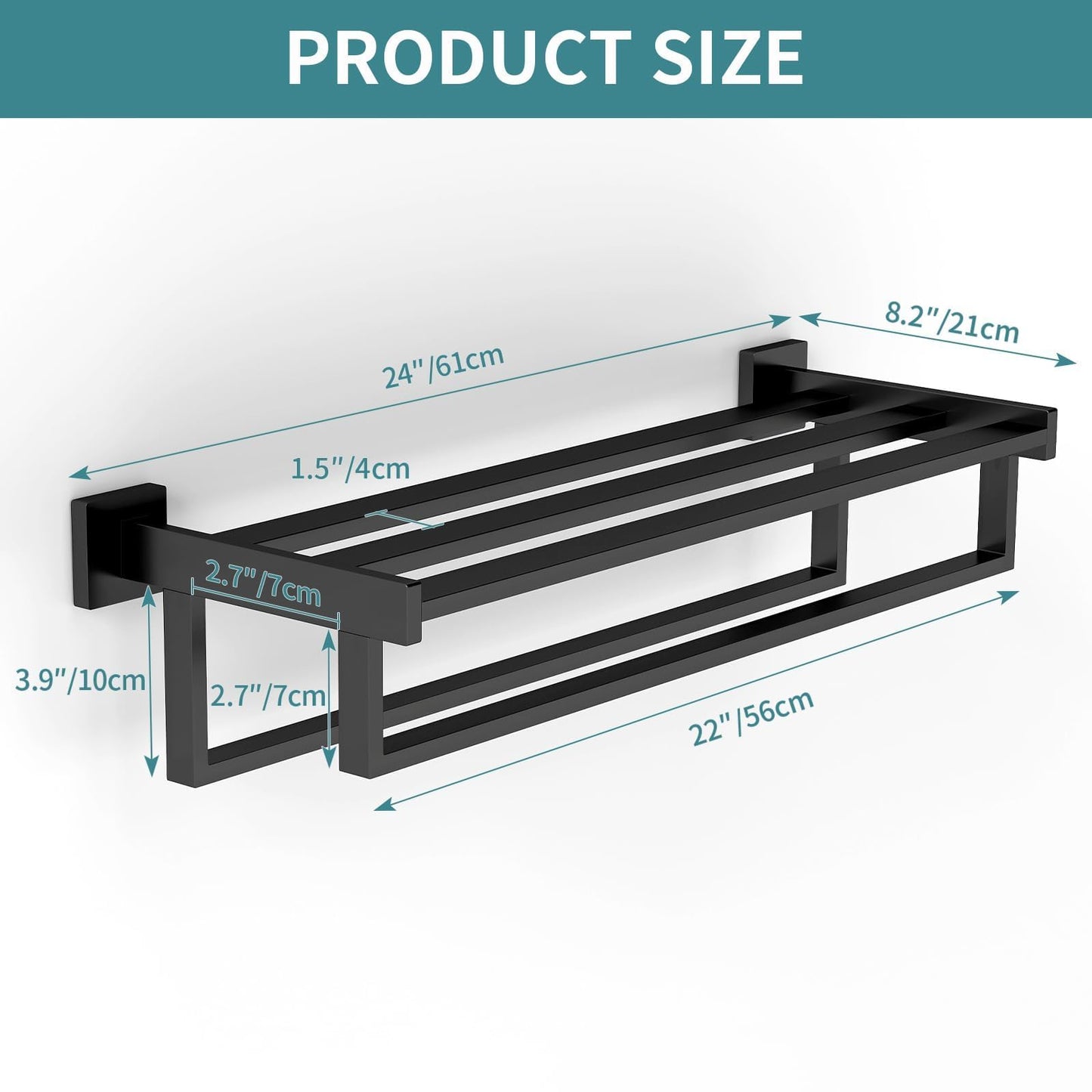 Towel Racks for Bathroom Wall Mounted, 24 Inch Double Towel Bar, Dual Towel Rack with Shelf, Stainless Steel Hand Towel Hanger, Bath Towel Holder for Wall, Black