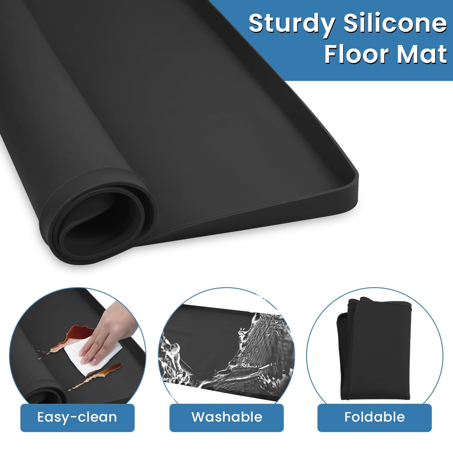 Large Washing Machine Mat 28" x 28" Silicone Under Washer and Dryer Drain Pan Drip Tray Floor Protector Non-Slip Flexible Soft Mat Waterproof Raised Edge 0.98'' Black
