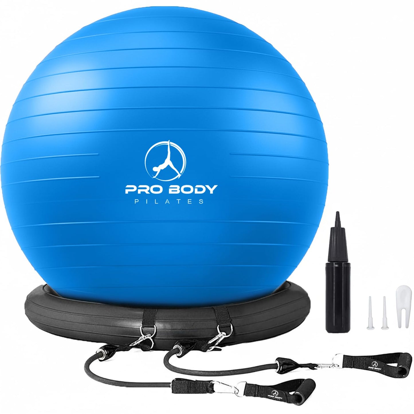 ProBody Pilates Yoga Ball Chair, Exercise Ball Chair with Base or Stand for Home Office Desk Sitting or Workout, Balance & Stability Ball Seat, Large Gym Ball for Back (Blue with Bands)