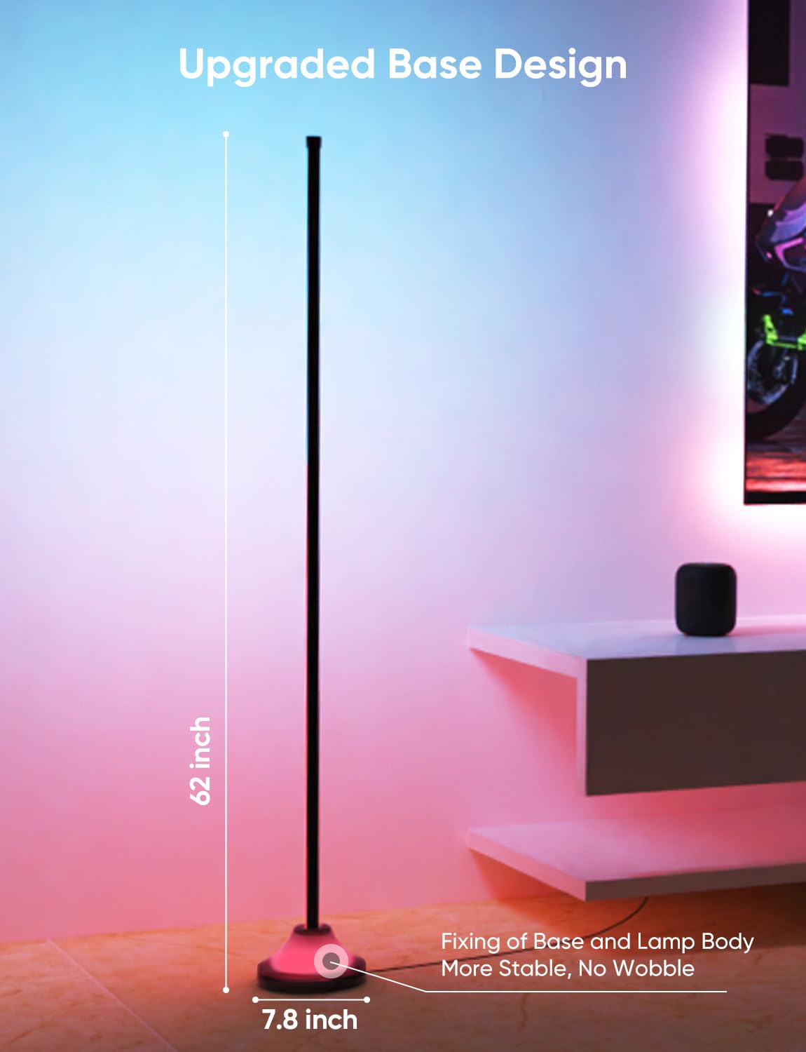 APPECK Smart RGBW Floor Lamp, 1000 lm LED Standing Lamp with APP Control, Dimmable Modern Corner Floor Lamp for Living Room, Bedroom, Compatible with Alexa