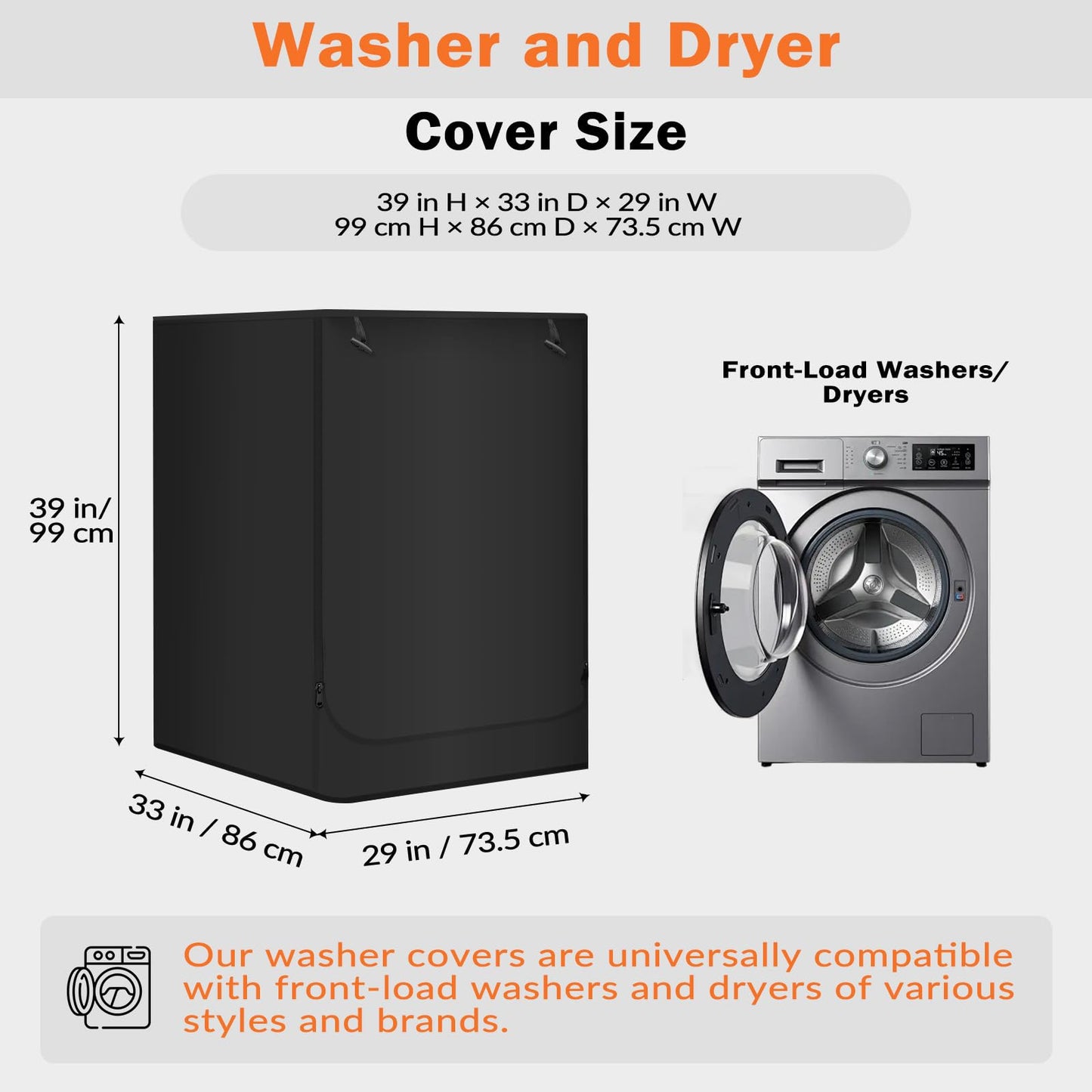 2-Pack Washing Machine Cover | Washer and Dryer Covers, Outdoor Waterproof Dustproof UV Protection, Heavy Oxford Cloth, Fits Most Front-Load Units, 29"W x 33"D x 39"H - Black