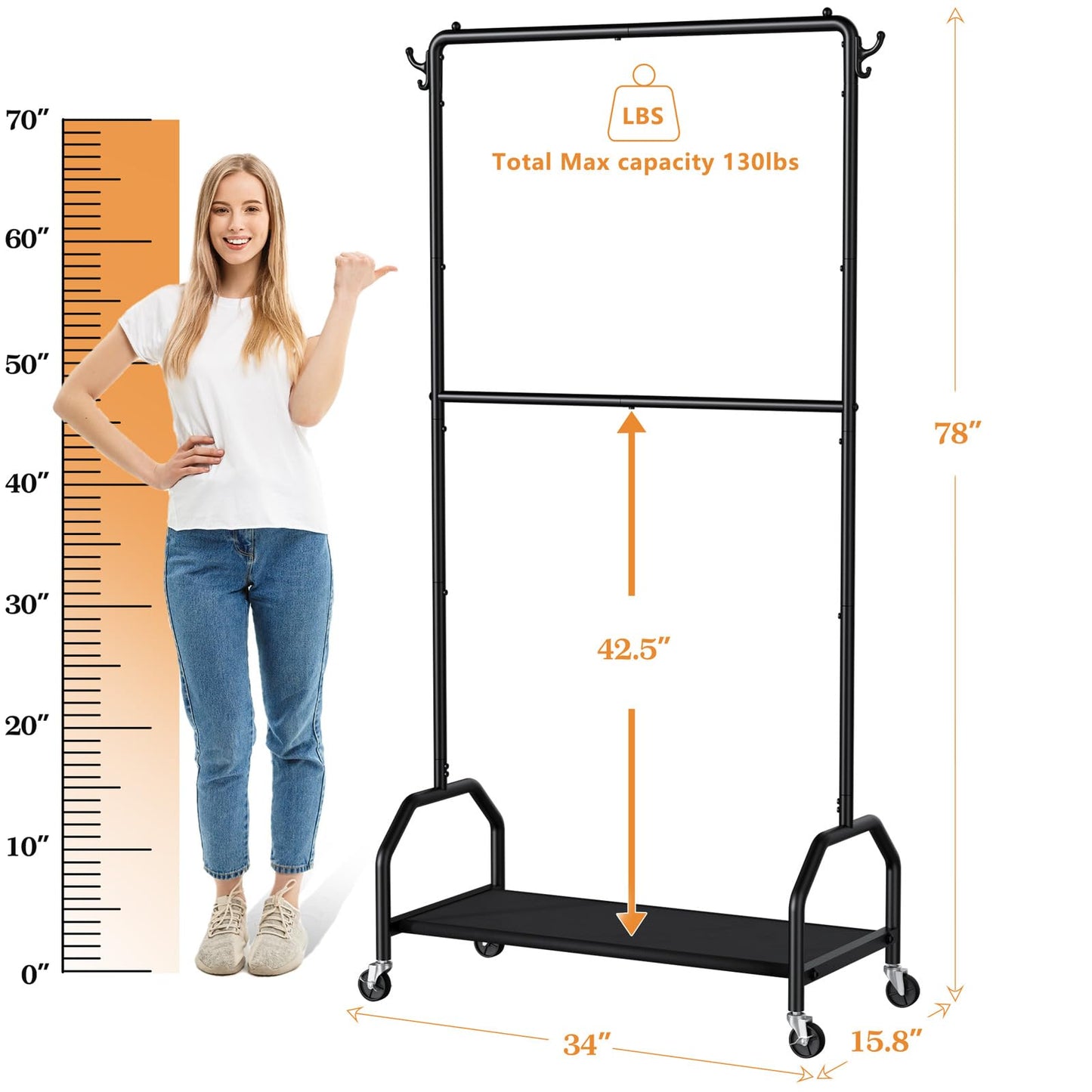 Wiracks Clothes Rack Double Hanging Clothes Rack Clothing Rack Garment Rack 130LBS Capacity 34.5" W X15.8 D X 79" H Rolling Clothes Racks for Hanging Cothes with Bottom Shelf