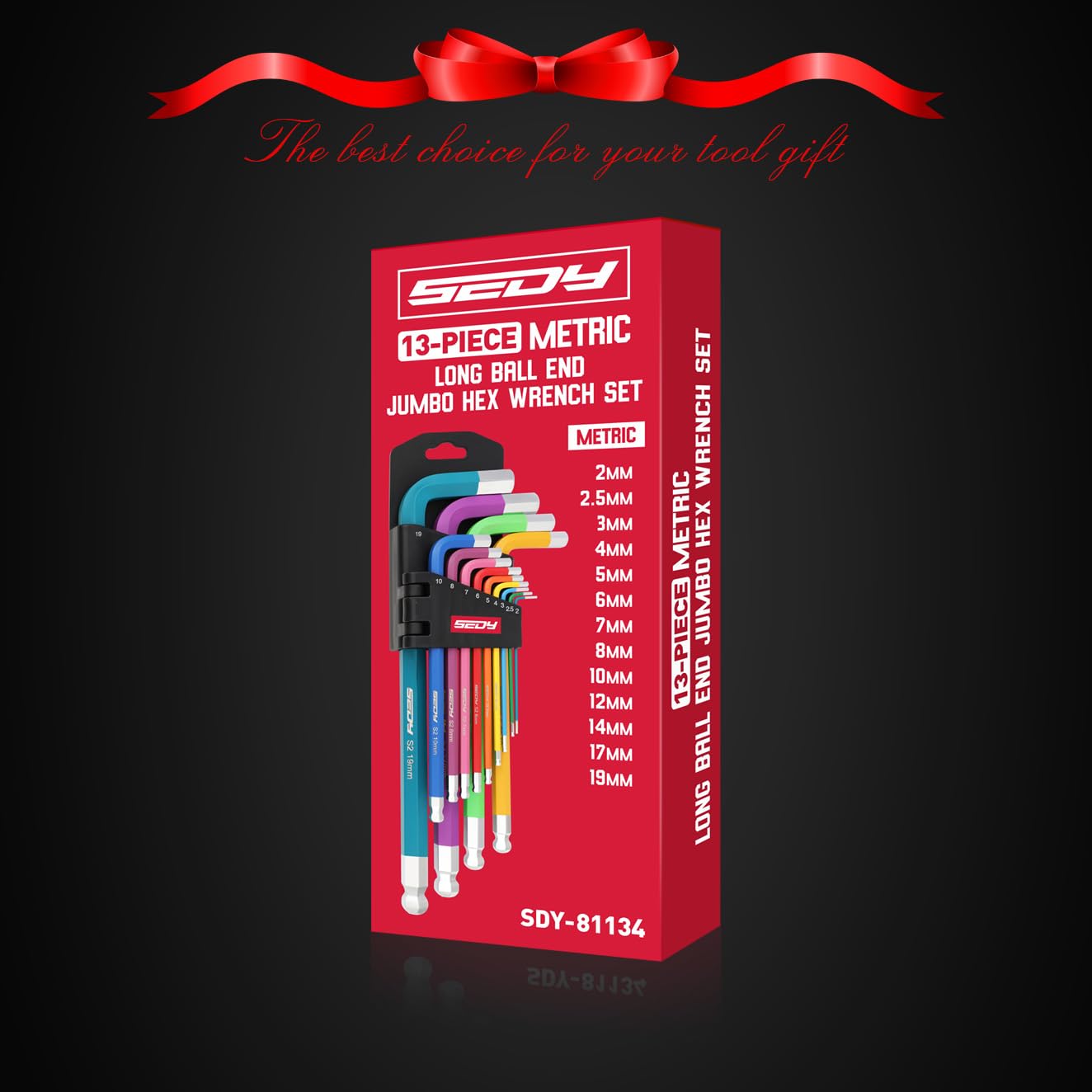 13-Piece Color Coding Jumbo Ball End Long Arm Hex-Key Large Allen Wrench Set, Metric (2-19MM) Anti-Slip Long Ball End Hex Wrench Set, Chrome Vanadium Steel, for Automotive, Bicycle Repairs and DIY