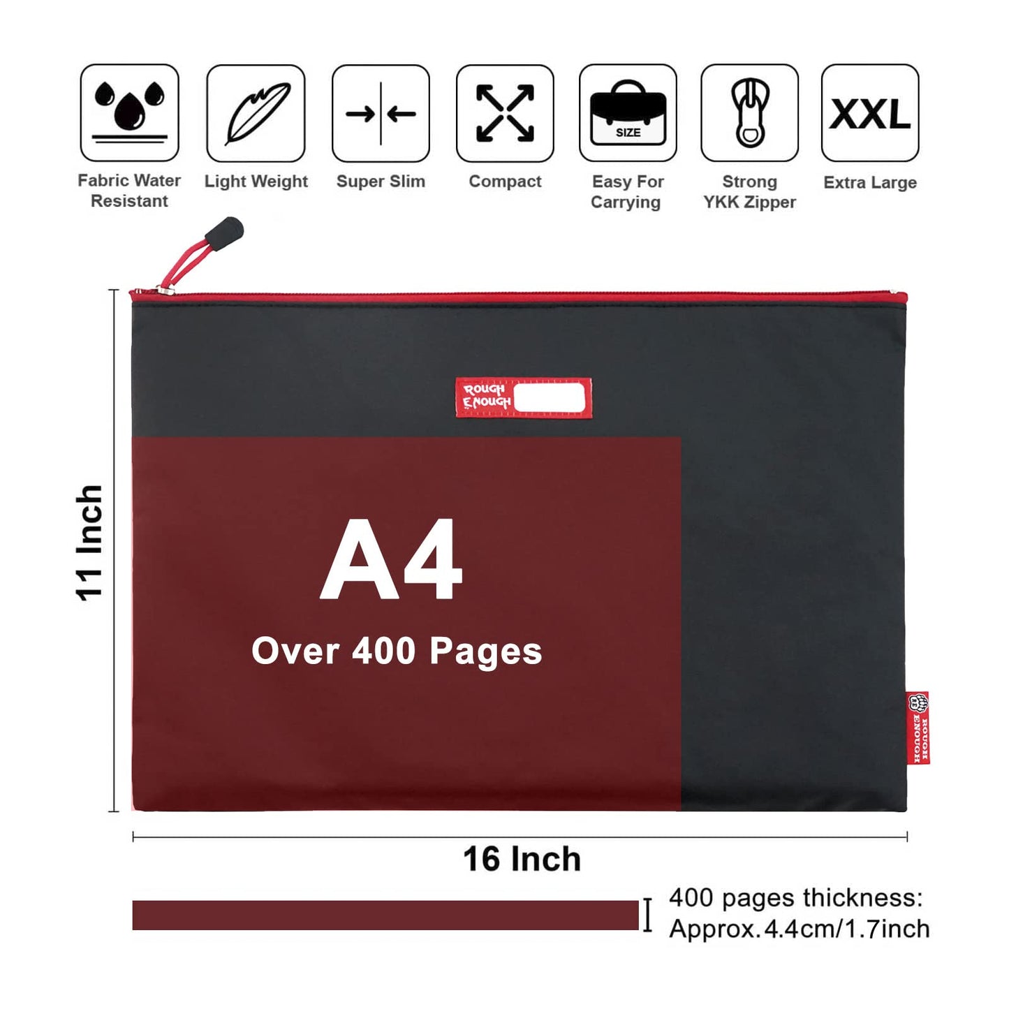 Rough Enough Important Document Storage Plastic File Folder Organizer Bag with Zipper 16 x 11 Inches Black Tarpaulin Water Repellent for Travel Office