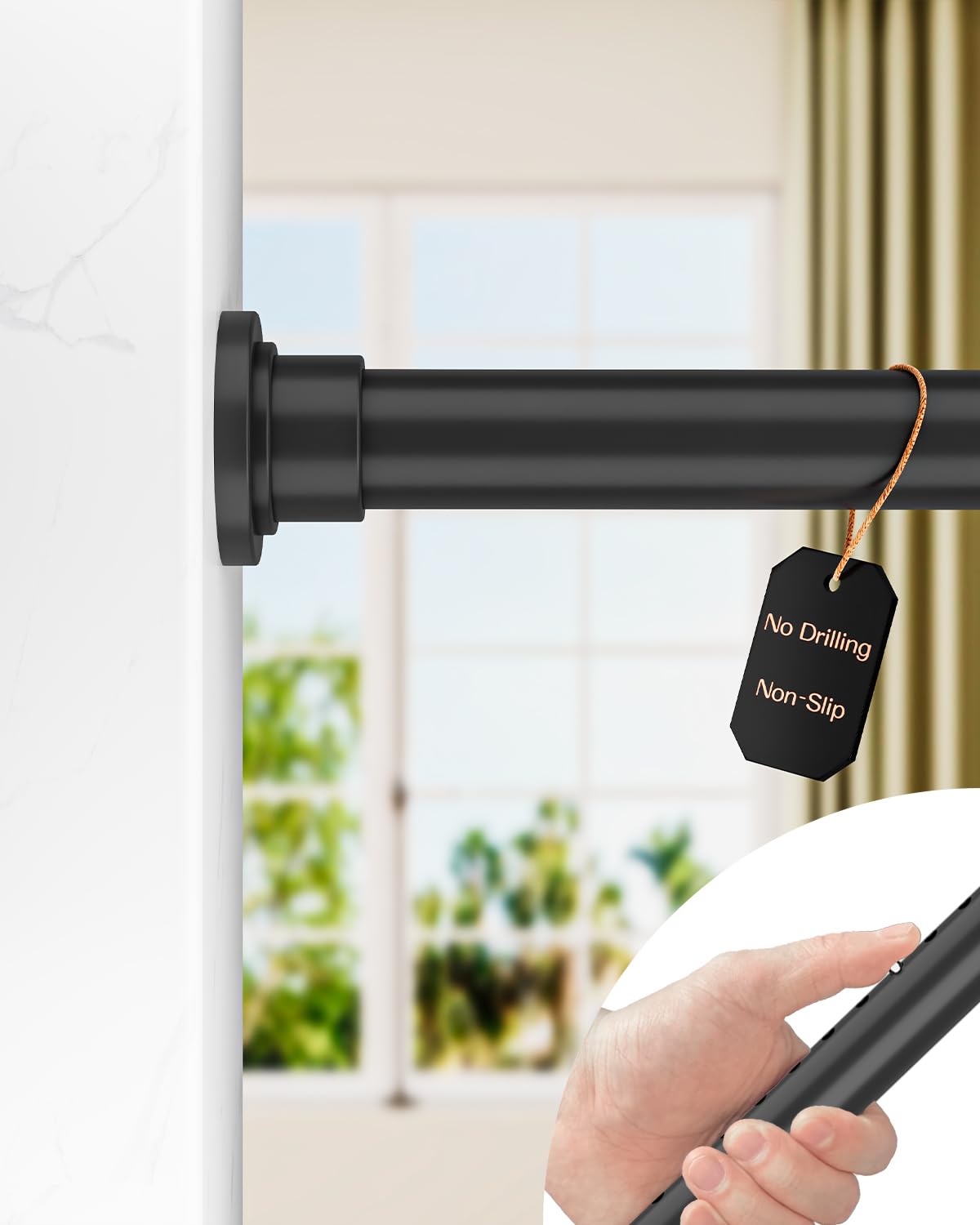 ALLZONE Tension Curtain Rod for Window, 83-123 Inches, Heavy Duty Curtain Rods No Drilling, Non-Slip Bathroom Shower Tension Rod, Renter Friendly, Adjustable, Spring Loaded, Extra Long, Black