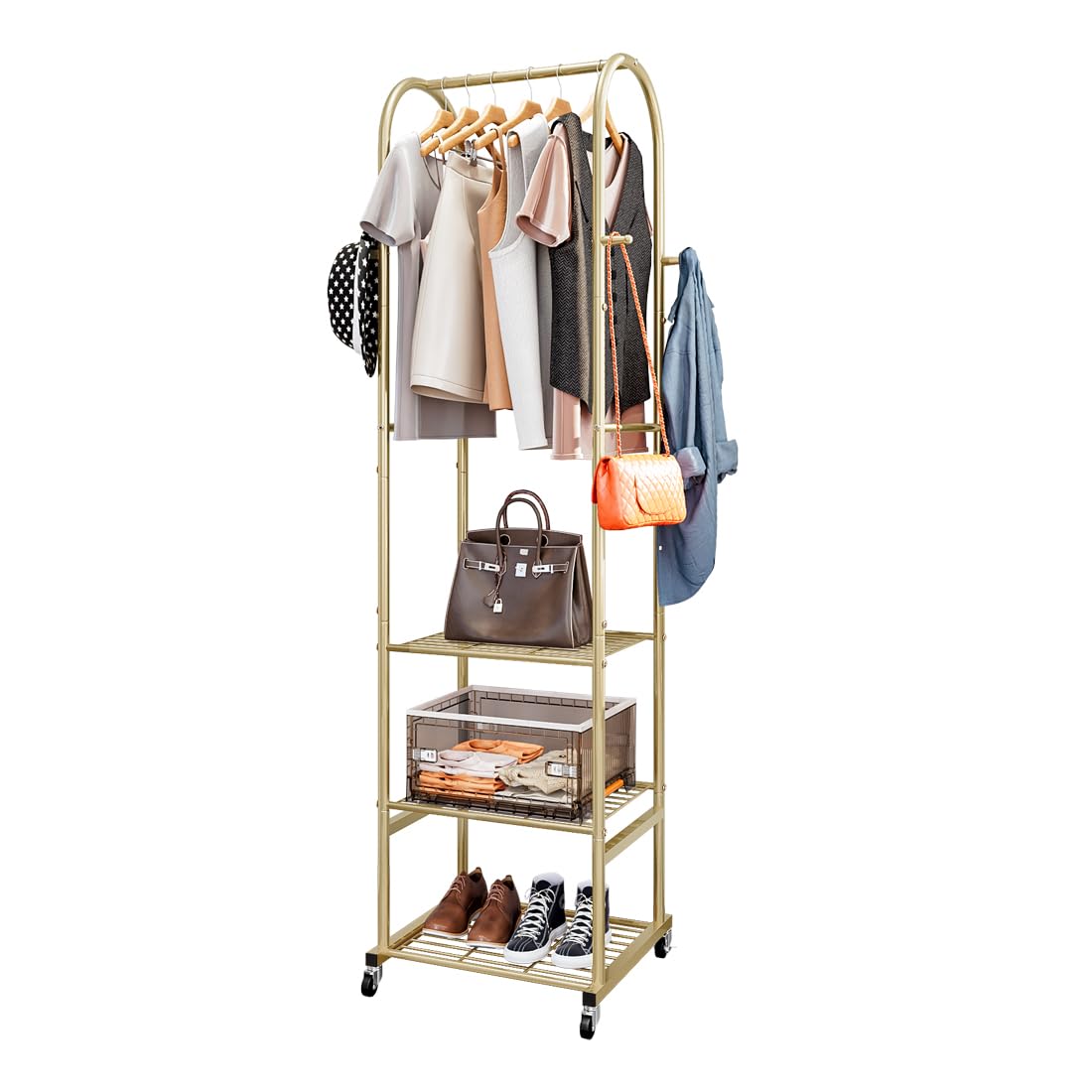 SUOERNUO Clothes Rack With Wheels and 3-Tier Metal Shelves,Clothing Rack For Hanging Clothes With 4 Hooks,Garment Rack Wardrobe Organizer for Small Space,Black (gold, 16.54 * 18.23 * 72.05)