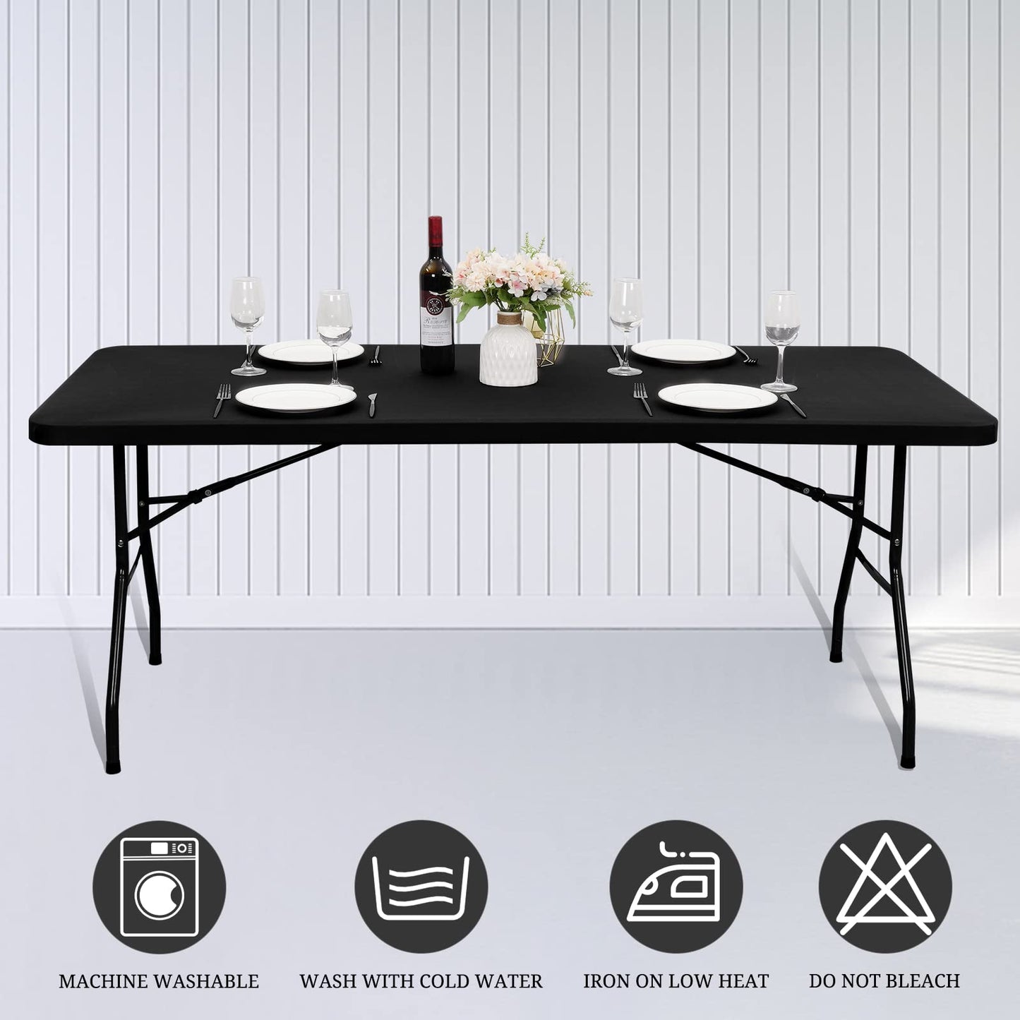10 Pack Stretch Fabric Table Top Cap Cover, fits 6' Tables, Spandex Table Covers Washable Elastic Universal Rectangle Tablecloth Protector for Indoor Outdoor Party Picnic Wedding, Black, 30" W x 72" L