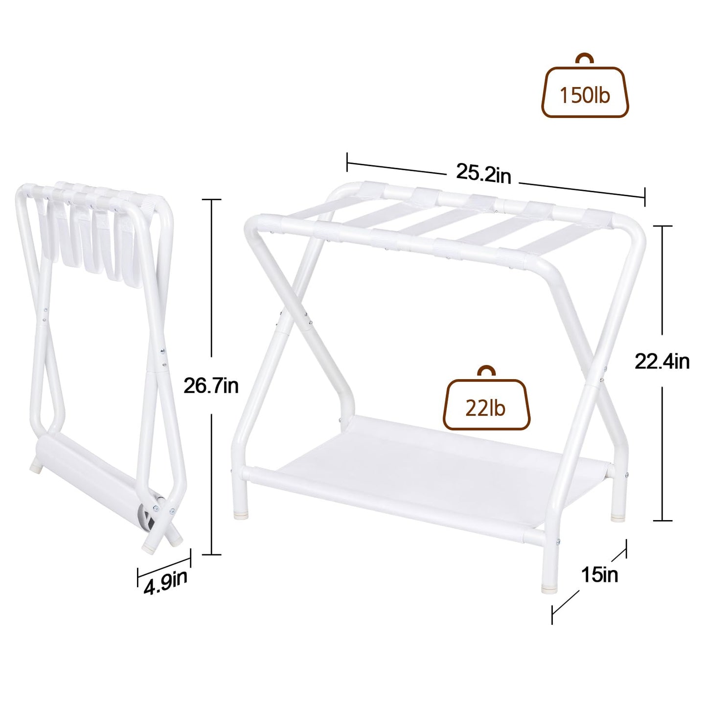 AMHANCIBLE Luggage Rack, Set of 2, Foldable Suitcase Stands for Guest Room, Metal Luggage Holder with Storage Shelf for Bedroom, Hotel, Easy Assemble, White HLR02WT