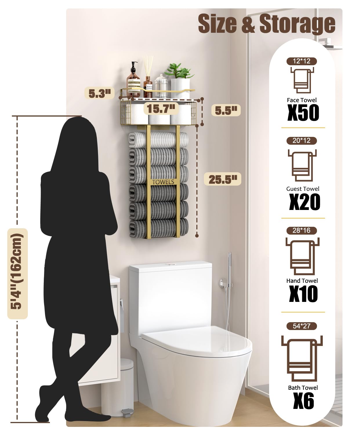 Aetyord Towel Racks for Bathroom - Wall Mounted Metal Rack with Wood Plank, Bathroom Storage Organizer, Towel Holder Stores 6 Large Rolled Towels Easily, Gold and Size XL 31"