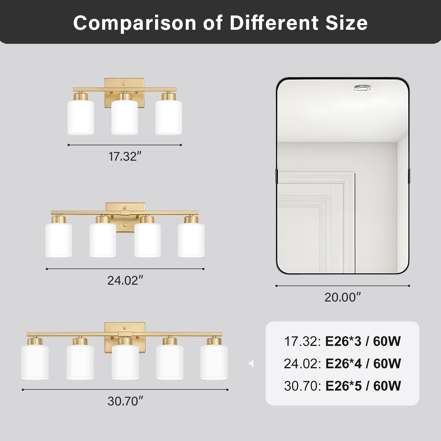 FonmYim Gold Bathroom Light Fixtures, 3-Light Modern Vanity Light Over Mirror, Wall Sconces with Milky White Frosted Glass Shades, E26 Socket (Bulbs Not Included)