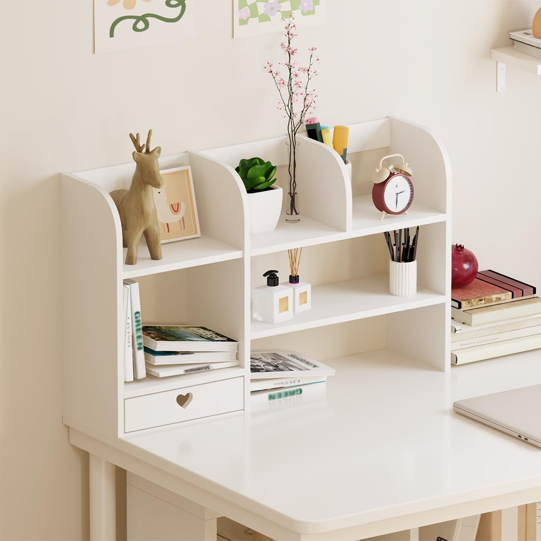 CONKAWACA Cute Bookshelves Cute Bookshelf for Desk Kawaii Desk Organizer with Drawer Office Desk Organizers and Accessories Storage Home Decor Display (White)