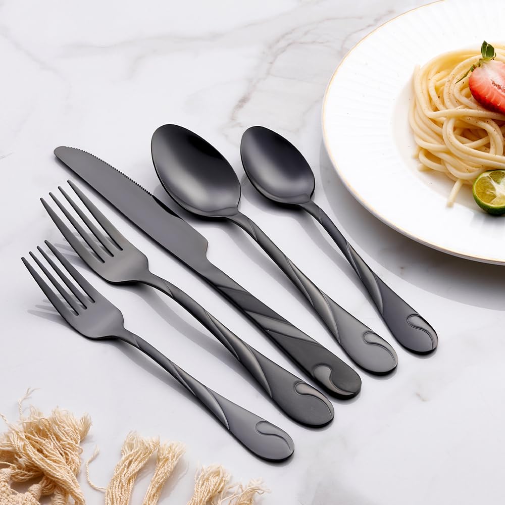 Seeshine Black Silverware Set for 12, 60-Piece Stainless Steel Flatware Set, Shiny Black Metal Cutlery Set, Include Fork, Knife and Spoon Set, Dishwasher Safe