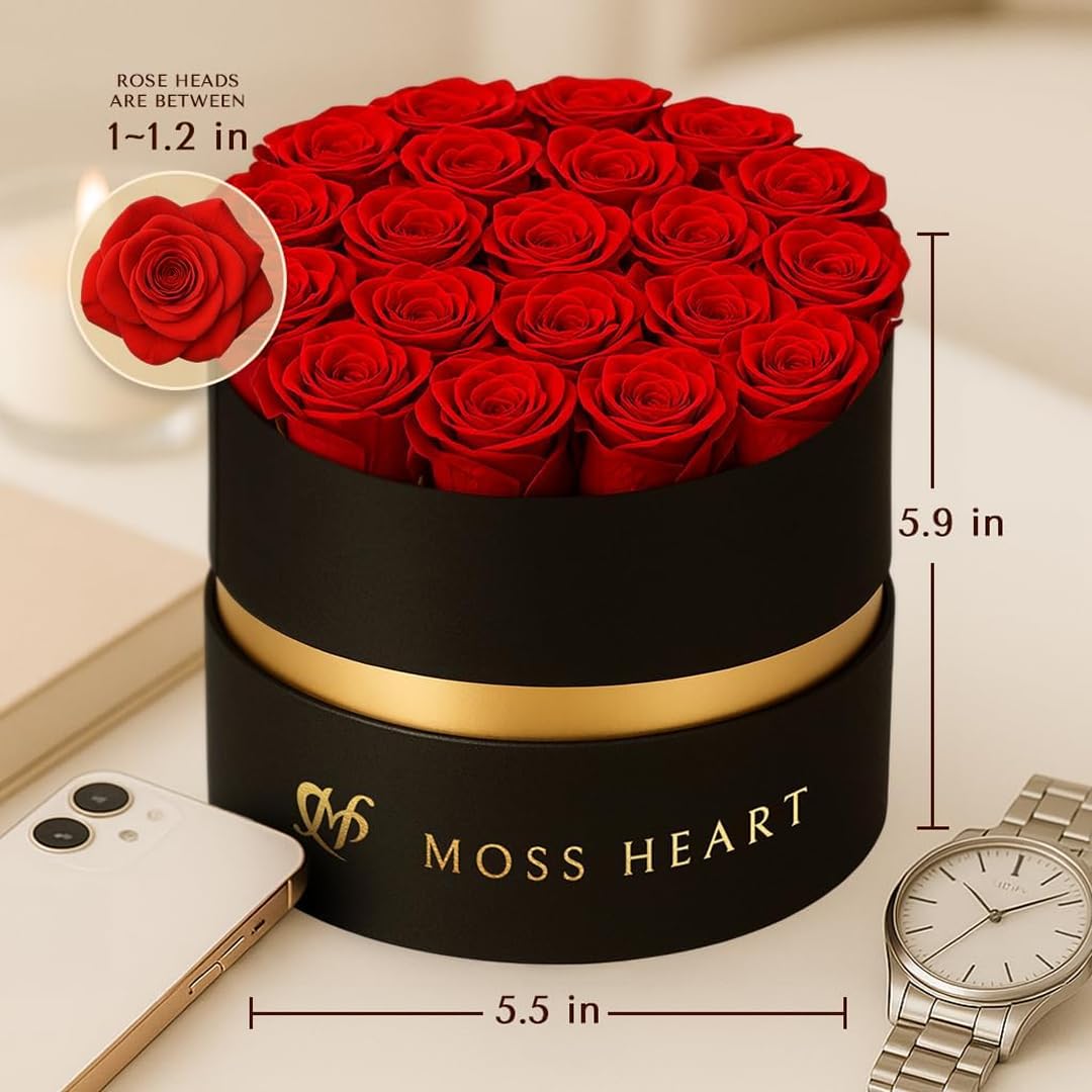 Moss Heart 20 Mini Preserved Roses, Round Luxury Gift Box, Real Forever Roses Last 1+ Year, Premium Romantic Gift for Women, Wife, Girlfriend, Mother’s Day, Birthday, Anniversary, Valentine’s Day