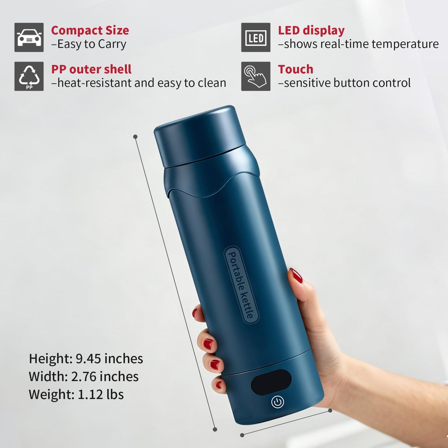 Insulated Stainless Steel Travel Electric Kettle Small, Smart Water Bottle with 4 temperature control, Leak-Proof, Mini Travel Essentials Portable Office Gifts for Tea Lovers, Dark Blue