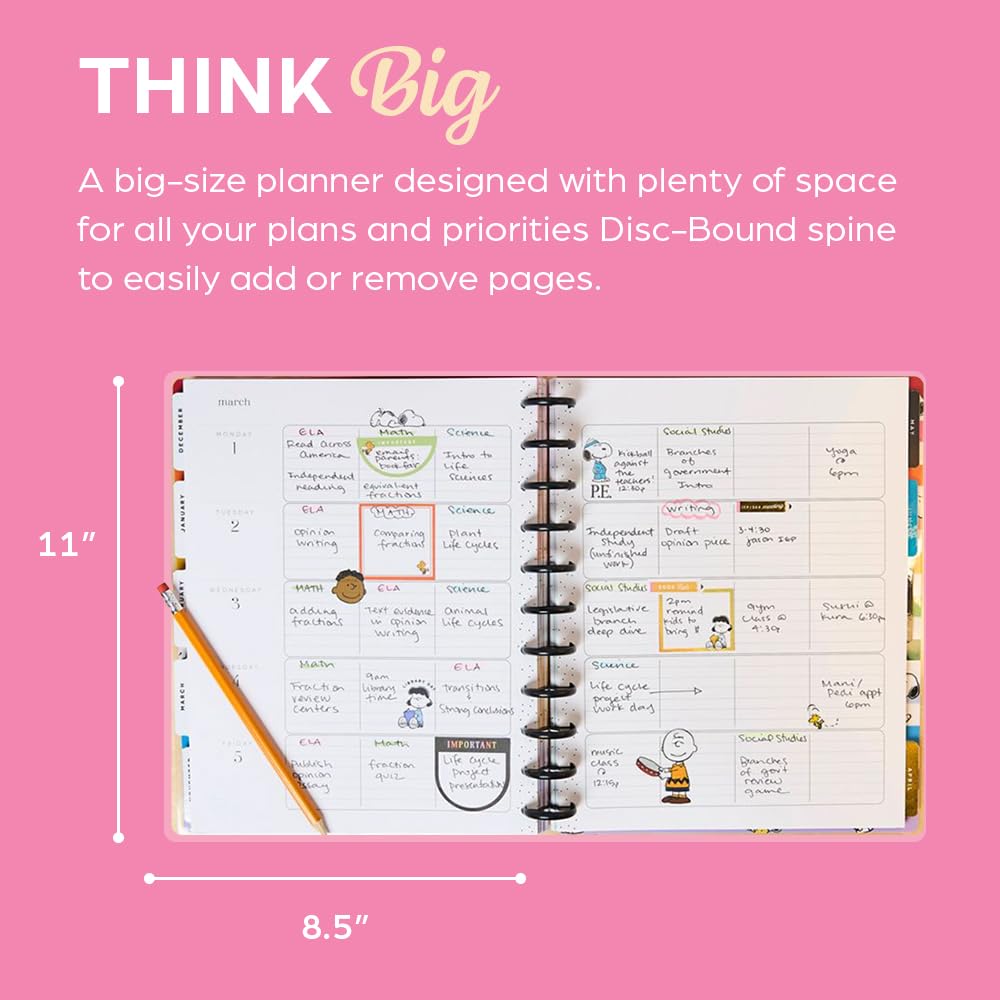 Happy Planner Peanuts Disc-Bound 12-Month Academic Planner, July 2026–June 2027, 12 Dividers, Big Size, 8.5" x 11", Teacher Layout