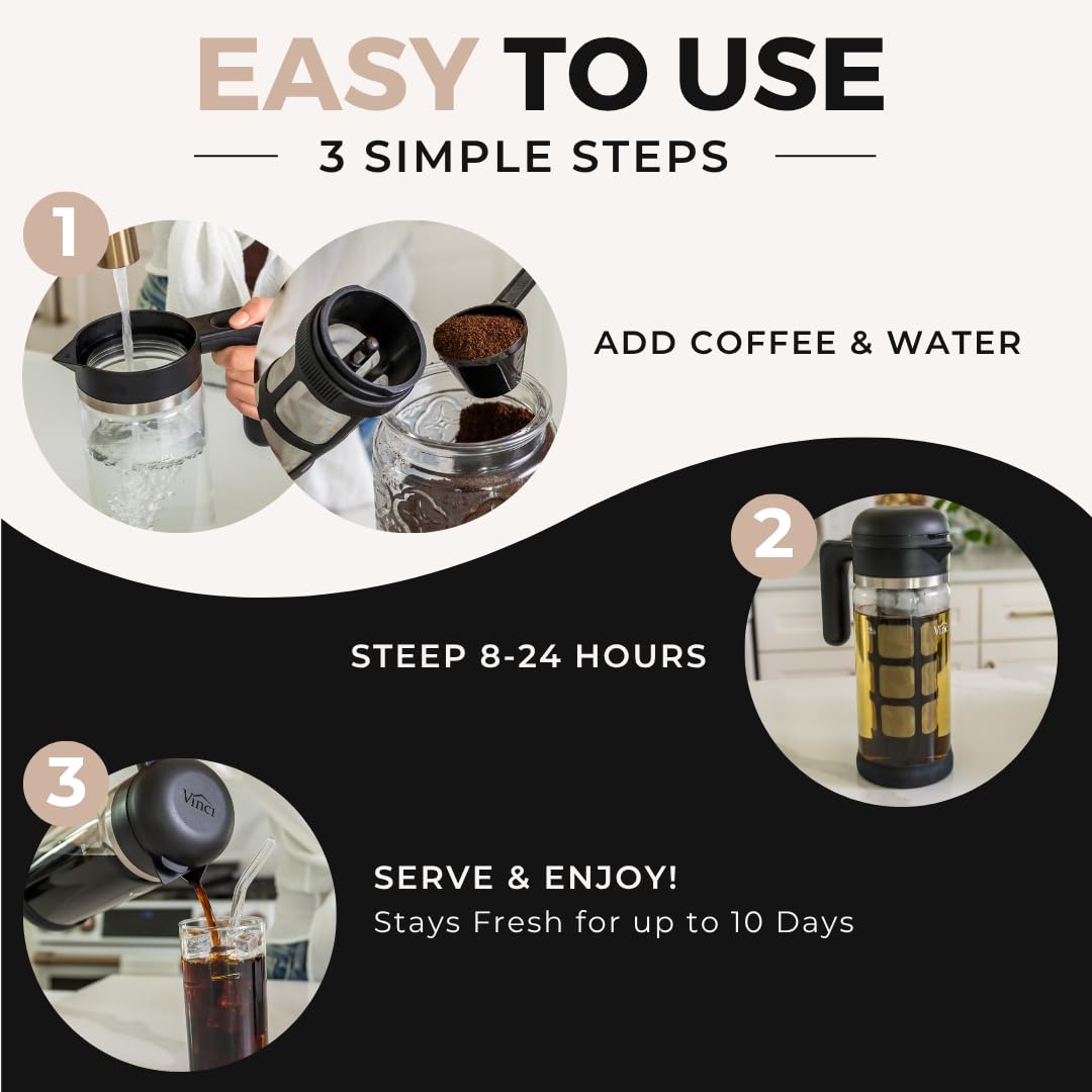 VINCI Cold Brew 360, Glass Cold Brew Coffee Maker Featuring Patented Dual Filter 360 Brewing Technology, Cold Brew for Iced Coffee (1.4 Liter / 47 FL.OZ)