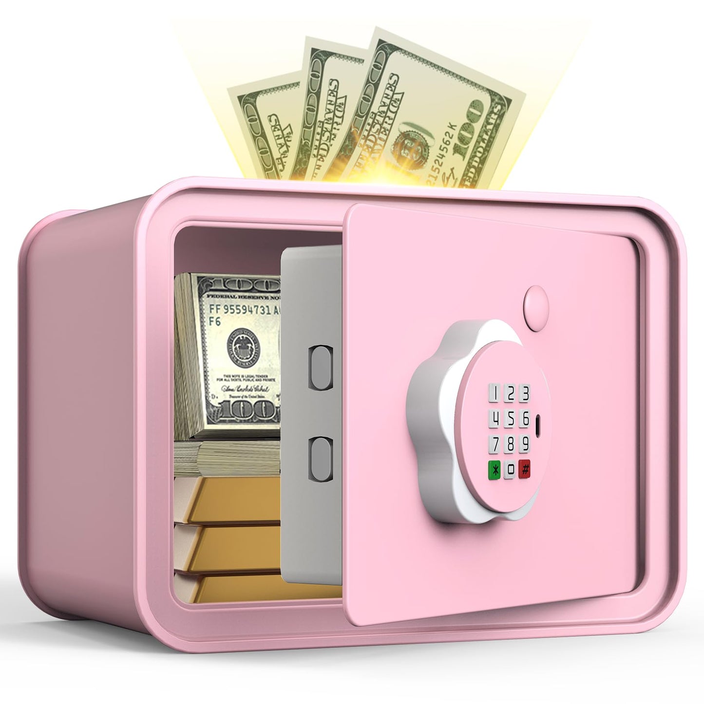 Mini Safe Box for Money Coin Cash-Piggy Bank for Kids, Electronic Small Safes for Boys Girls, Ideal Christmas Birthday Gift, DIY Stickers,Pink