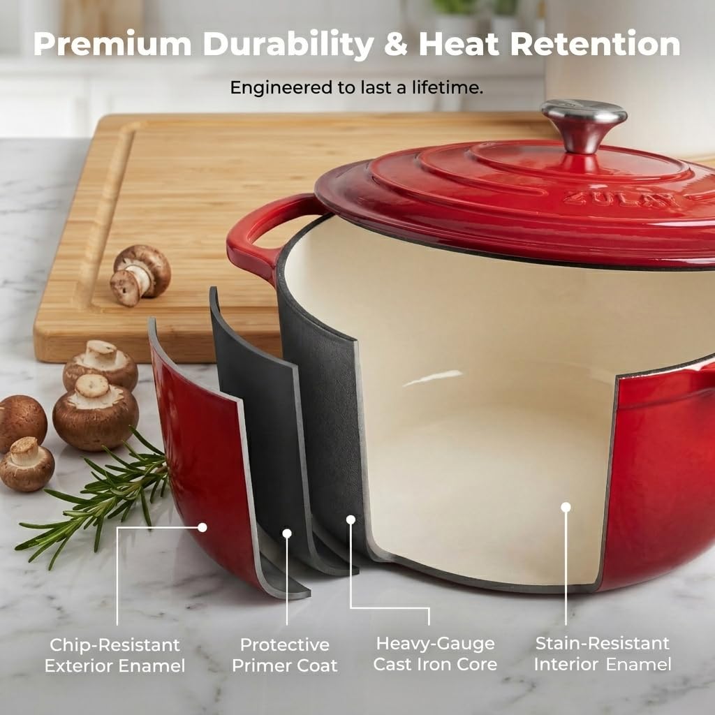 Zulay Kitchen 6.4QT Enameled Cast Iron Dutch Oven Pot with Lid, Heavy-Duty Soup Pot for Stews, Braising, Roasting & Sourdough Bread Baking, Oven Safe up to 500°F - Ablaze Red