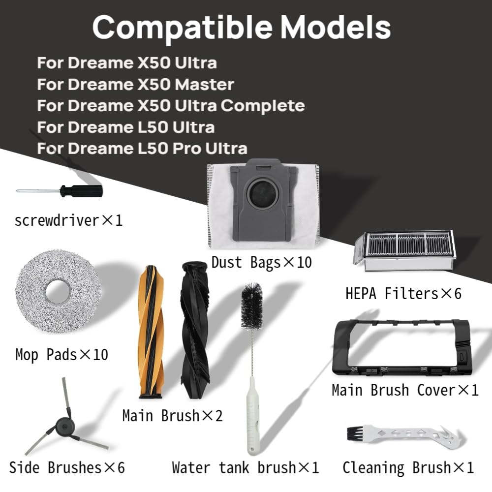 LEHANGOK 38 Pcs Replacement Parts for Dreame X50 Ultra/ L50 Ultra/and Mova V50 Ultra Vacuum Cleaner Accessories Kit，2 Set Main Brush，1 Main Brush Cover,10 Mop Pads,10 Dust Bags,6 Side Brush,6 Filter