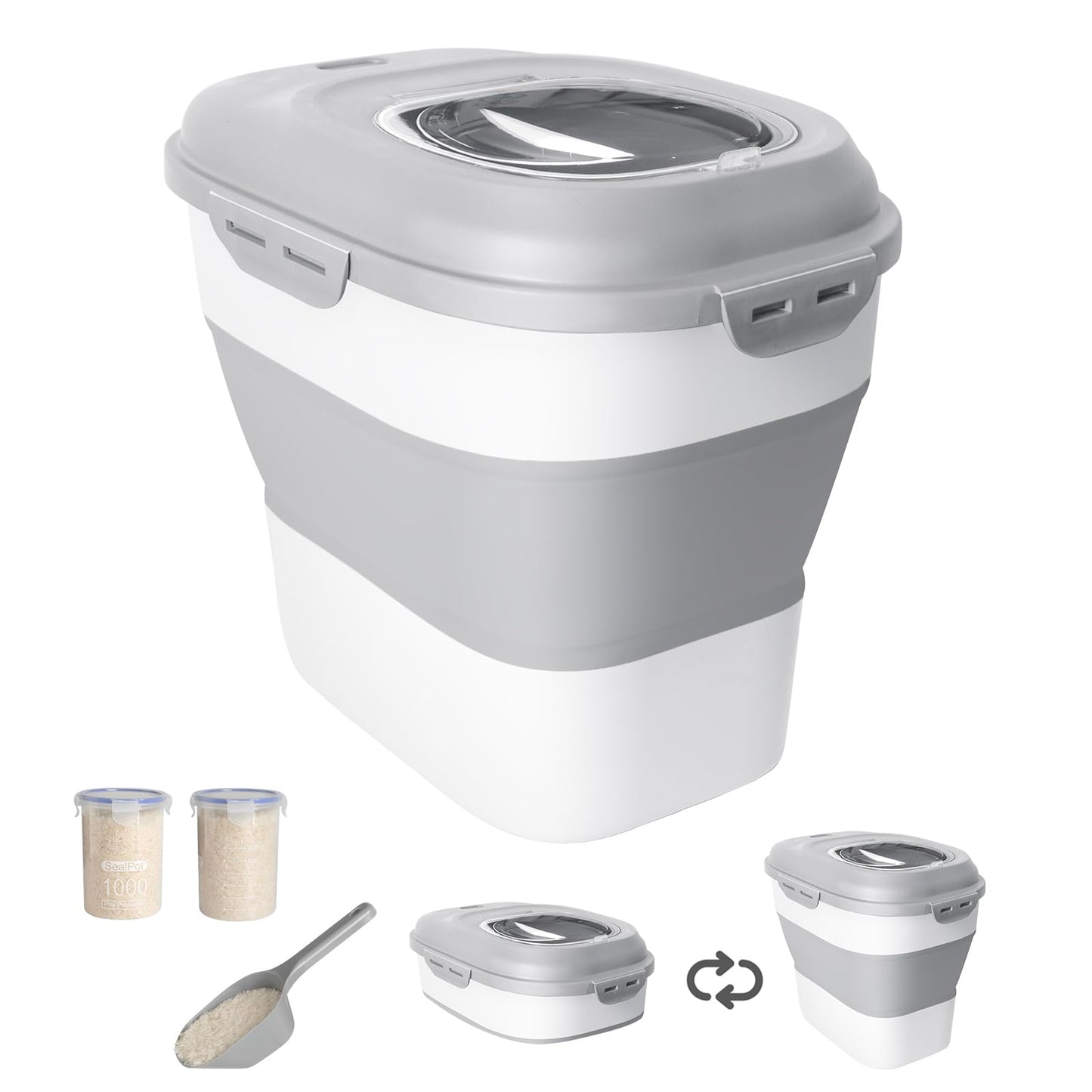 DDMOMMY 20-50 Lbs Food Storage Container With Wheel, Airtight Locking Lid, Collapsible Rice Container, Flour Storage With Small Container and Scoop, Suitable for Pet Food