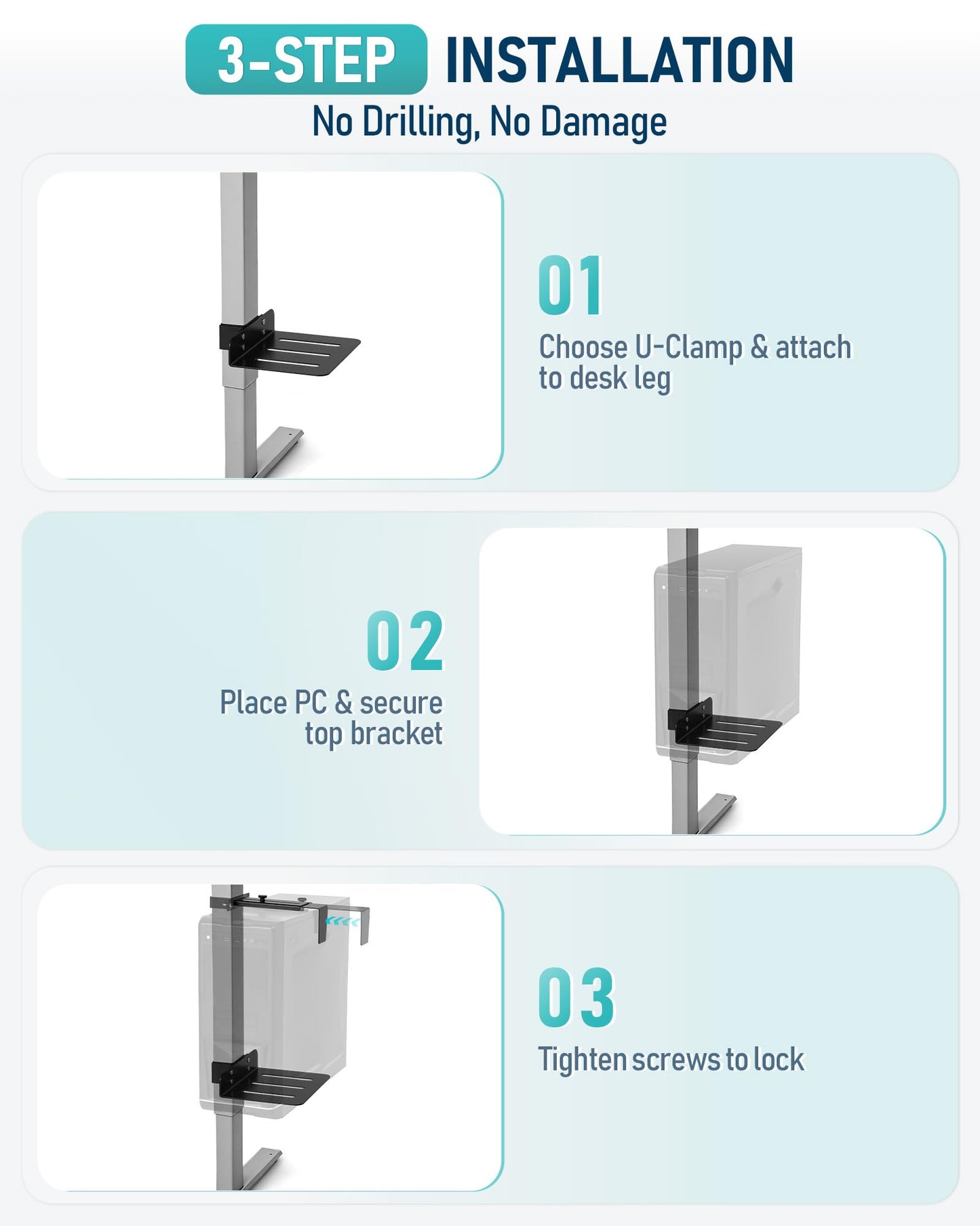 TOPSKY Adjustable Under-Desk PC Mount, No-Drill Computer CPU Holder for Standing Desks, Supports up to 50 lbs, Easy Installation, (Only Fits 80x50mm 75x45mm 65x45mm Desk Legs),Black