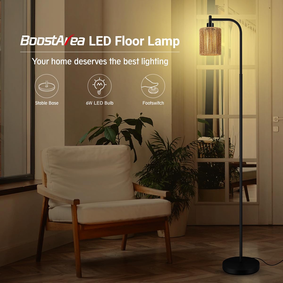 BoostArea Industrial Floor Lamp, Standing Lamp with Lampshade, 6W LED Bulb Included, Modern Floor Lamp with Foot Switch, Bright LED Lamp for Living Room and Bedroom, Office