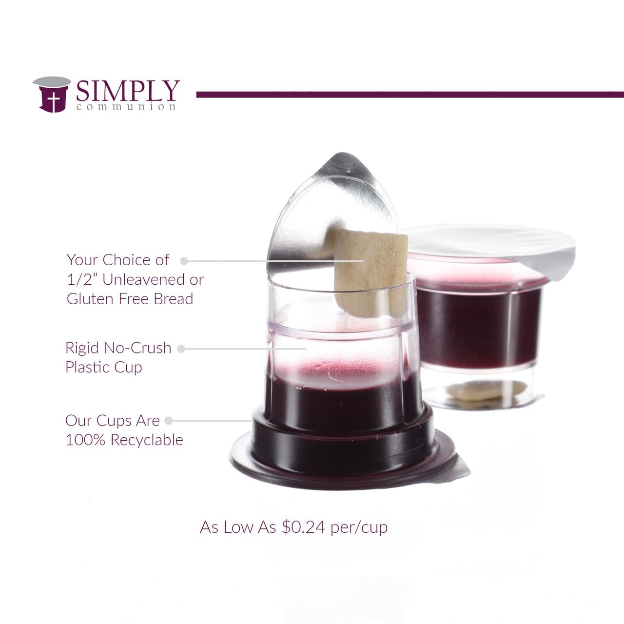 Simply Communion Prefilled Communion Cups 100 Count | Tray & Seatback Pew Compatible | Concord Grape Juice & Bread | Easy-Open