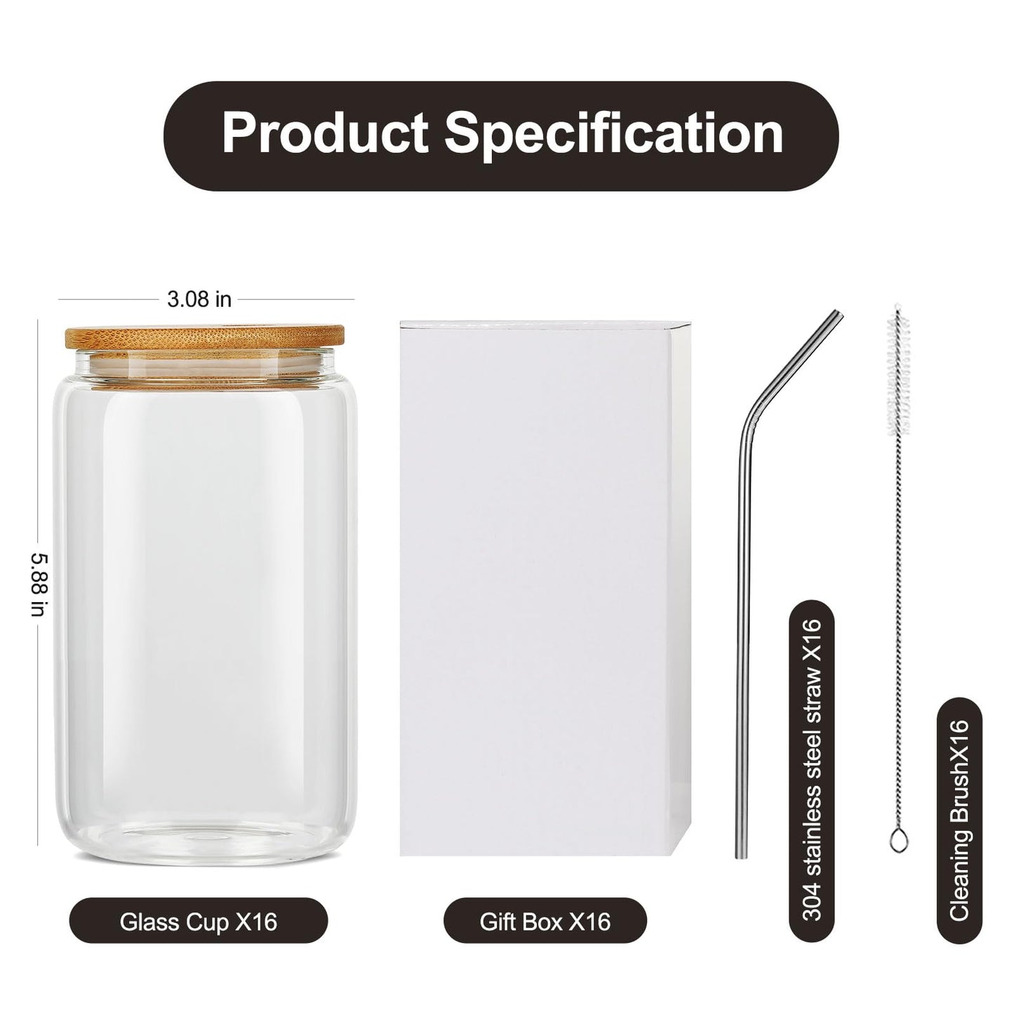 ASKIZ 16Pcs Glass Cups With Bamboo Lids and Straws,16Oz Ice Coffee Cup,Drinking Glasses Cups Set,Water Bottles Glasses for Juicing,Beer,Coffee,Soda,Tea-Glass Tumbler Reusable for Gifts