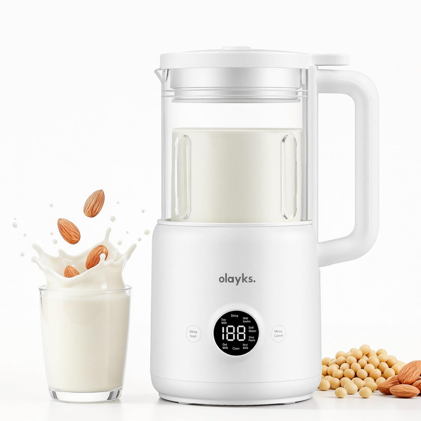 Olayks Nut Milk Maker Machine, 8 in 1 Automatic Soy Milk Maker with 12 Blades, Self-Cleaning, 18 Hours Delay Start for Homemade Oat, Almond Milk, Plant Based Milk, Boil Water, 20Oz