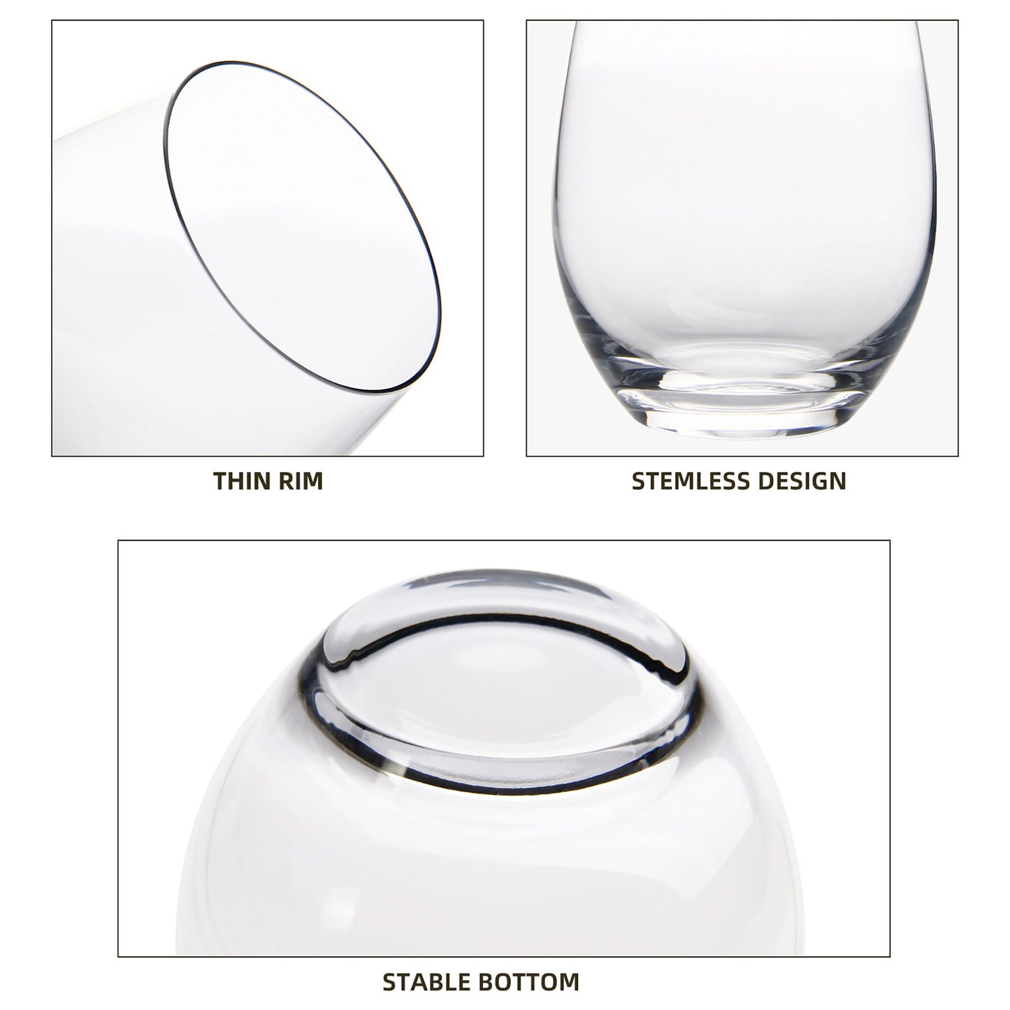 FAWLES Stemless Wine Glasses Set of 12, 15 Ounce Smooth Rim Standard Wine Glass Tumbler for Red, White Wine, Dishwasher Safe