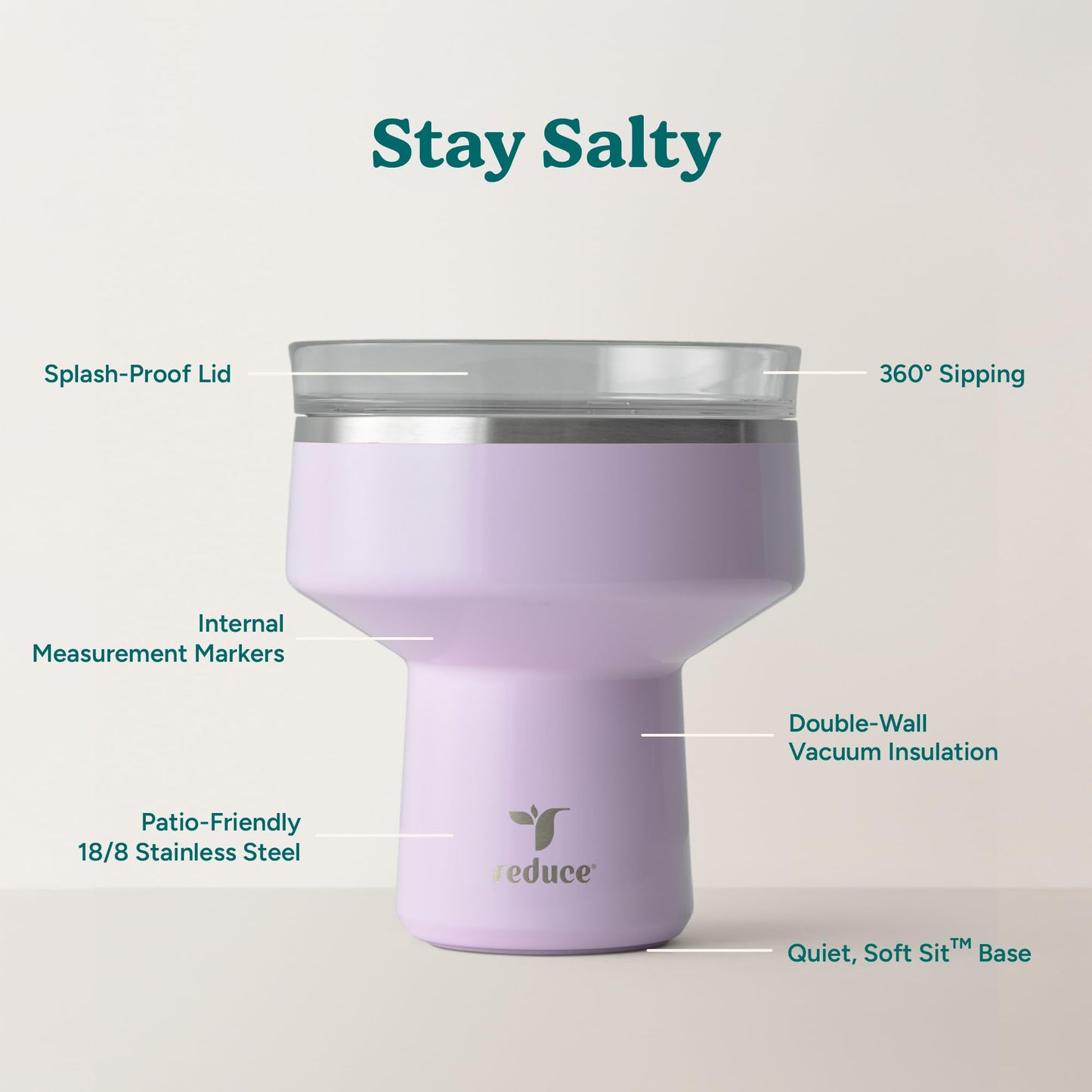REDUCE Saltini 16 oz Cocktail Tumbler - Insulated Margarita Tumbler with Lid - Keeps Drinks Cold for 10 Hours - 360 Sippable Martini Glass Alternative - Shatterproof, Perfect for Parties - Lilac Bud