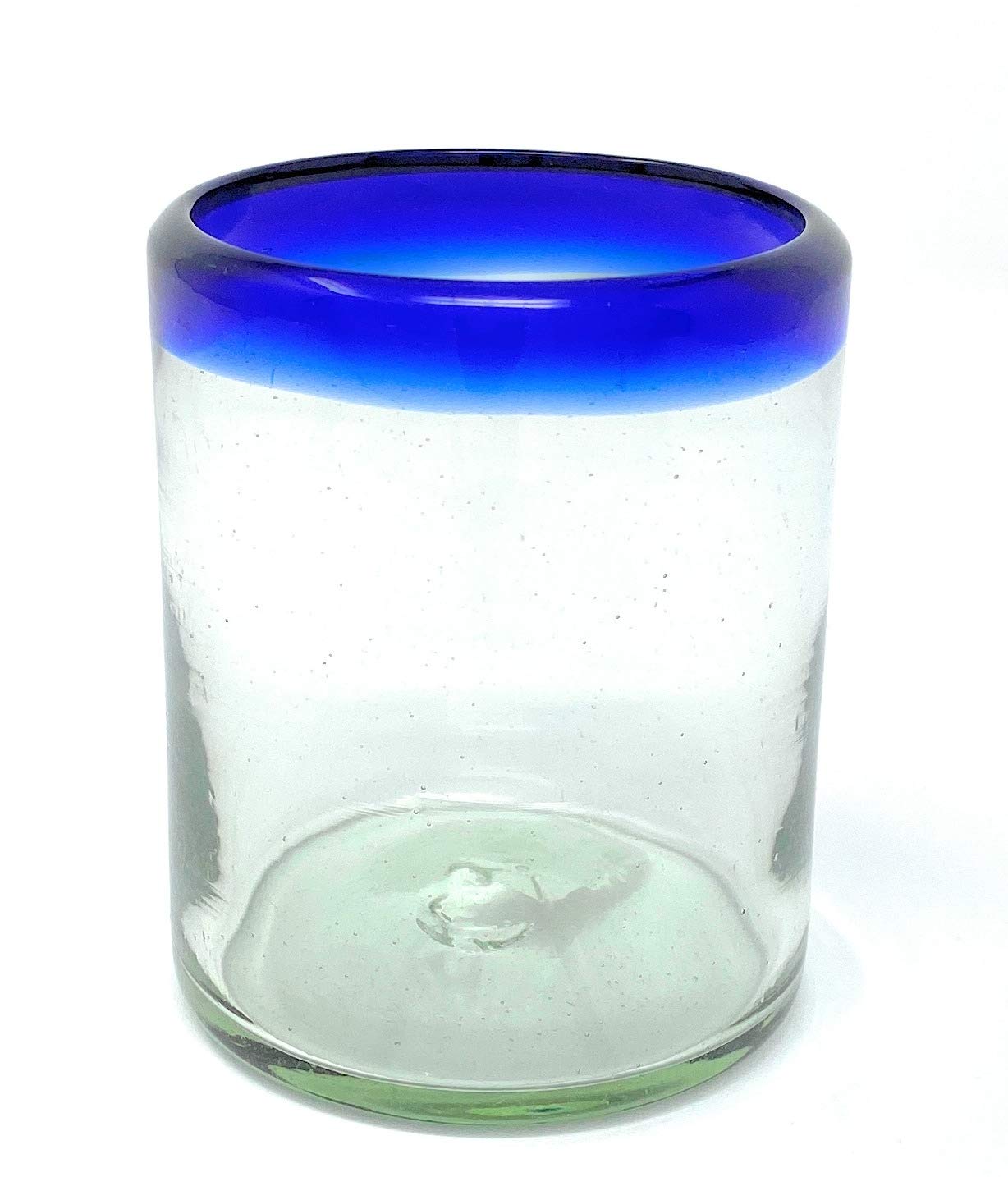 Hand Blown Mexican Drinking Glasses - Set of 6 Tumbler Glasses with Cobalt Blue Rims (10 oz each)