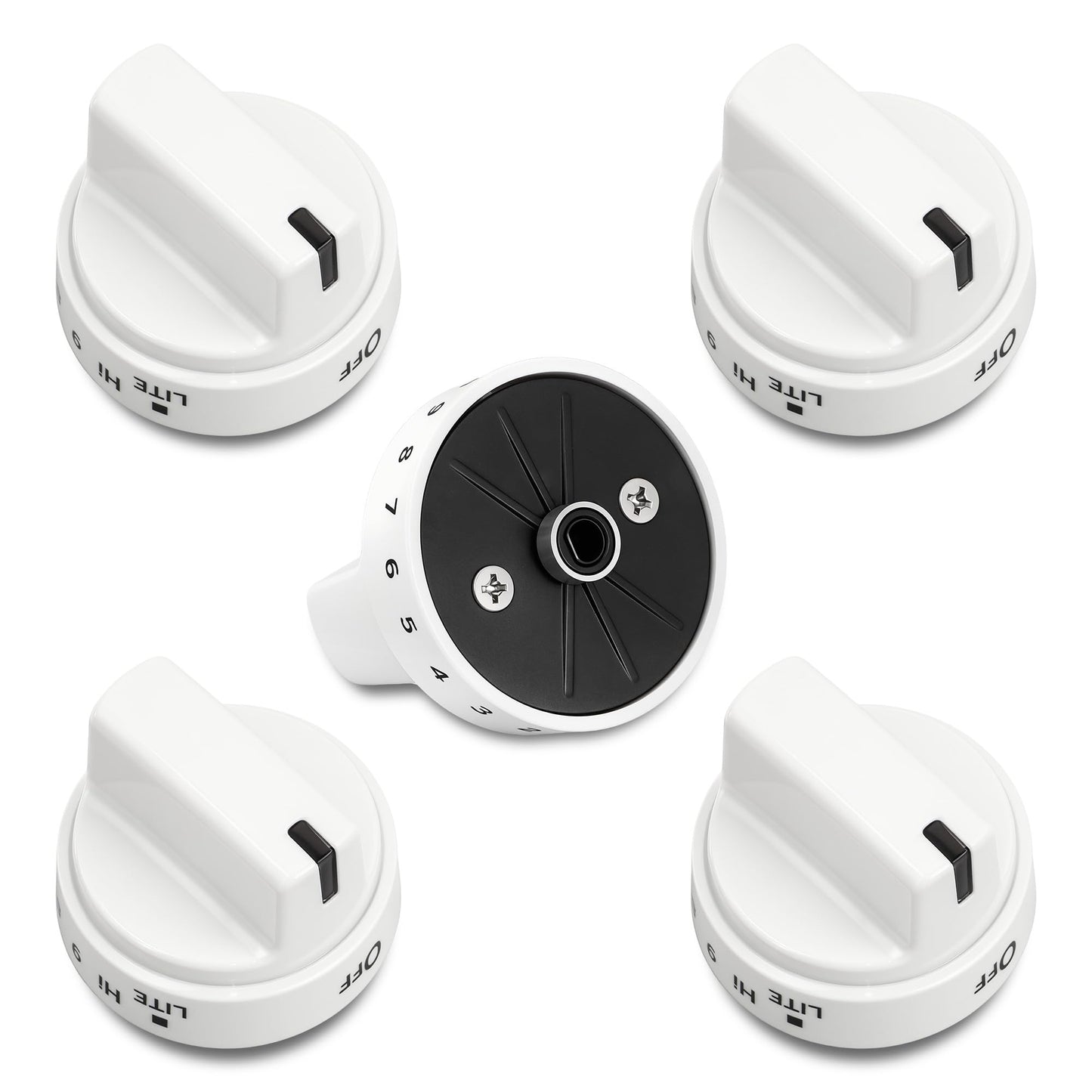 Upgraded WB03X24795 Stove Knobs Compatible with GE Gas Range Oven Knob JGB645DEK1WW JGB660DEJ1WW JGB700DEJ1WW JGB860DEJ1WW, Surface Burner Cooktop Control Replacement KIP 5G92 222D5793-5 Pack White