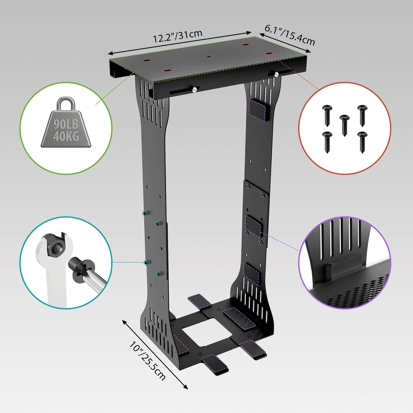 KEEGH Heavy Duty Under Desk PC Mount Adjustable Under Desk Computer Mount Supports Up to 90 lbs PC Mount with Secure Locking for Standing Desk, Black