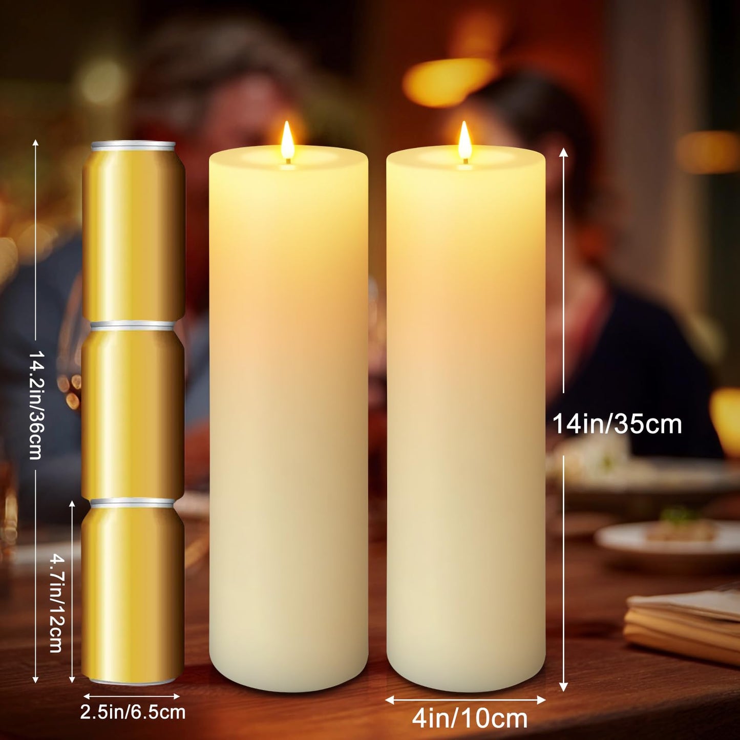 14" x 4" Large Outdoor Candles, Waterproof Flickering LED Flameless Candles with Timer, Battery Operated Candles with Remote Control Realistic Fake Pillar for Patio Porch Lanterns, Ivory 2 Pack