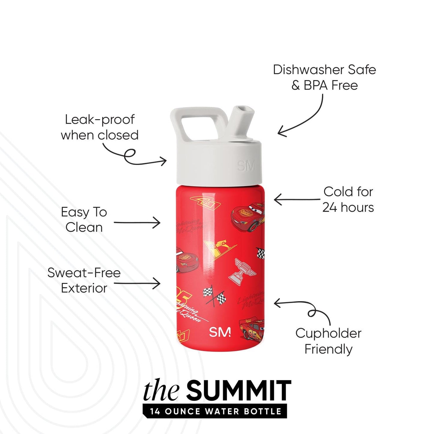 Simple Modern Disney Pixar Lightning McQueen Kids Water Bottle with Straw Lid | 14oz Insulated Stainless Steel Kids Tumbler & Toddler Cup for School, Girls, Boys | Summit | Cars Lightning Speed
