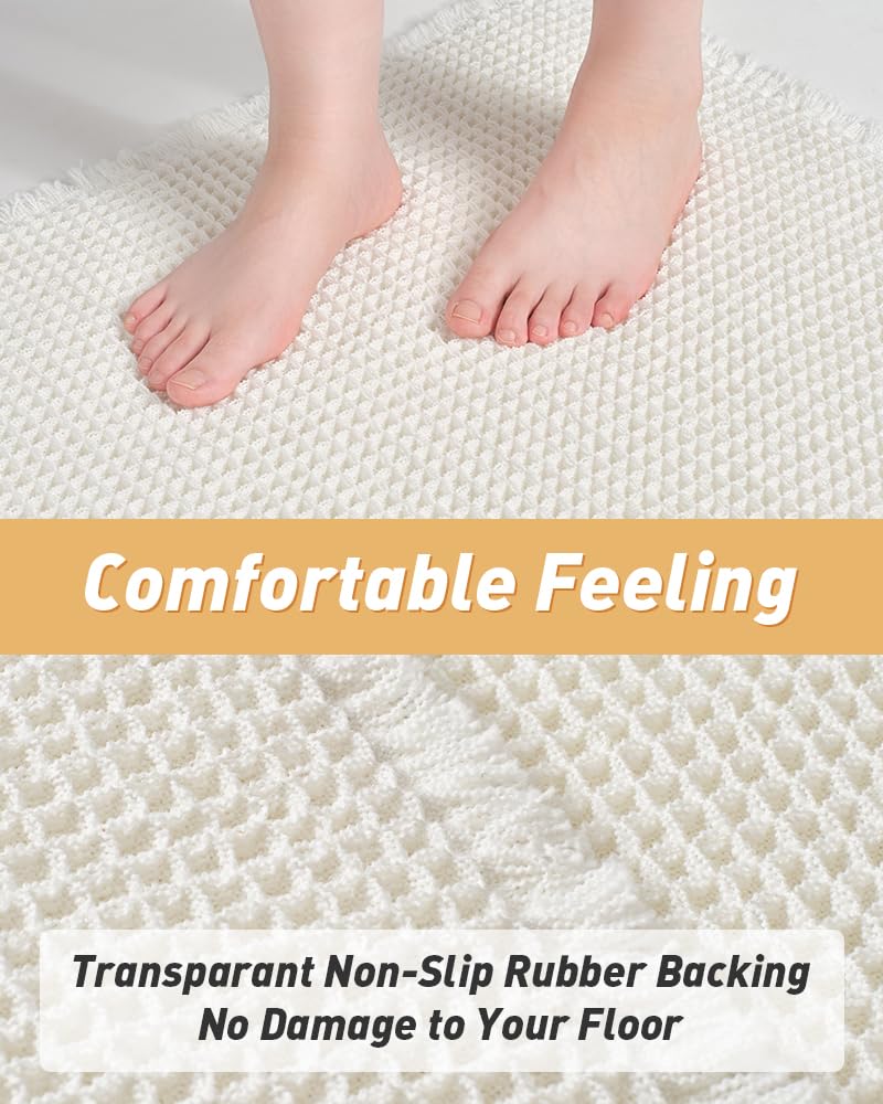 AMOAMI Upgraded Waffle Runner Rug Super Absorbent Non Slip Bath Mats for Bathroom Floor, Washable Boho Bathroom Runner Rug with Tassels, Ideal for Hallway Bedroom Laundry Room, 2' x 6', White
