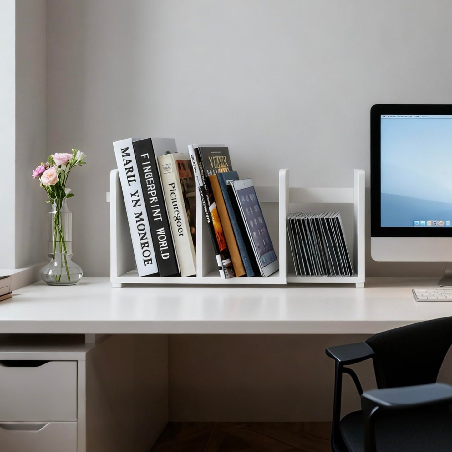 MyGift White Wood Desktop Bookshelf Organizer, Expandable Adjustable Display Shelf Book Rack