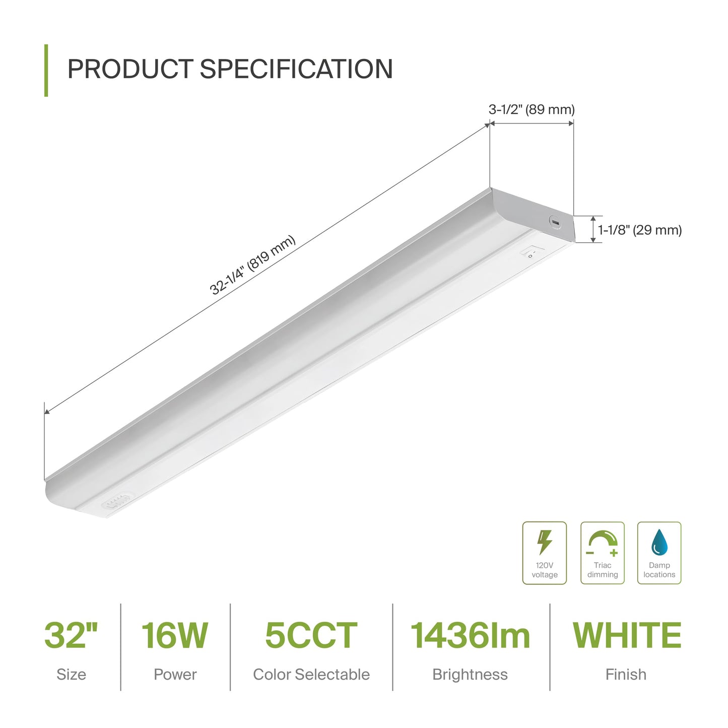 ASD LED Under Cabinet Lighting Hardwired, 32 Inch 16W 2700K-5000K Selectable, 1436LM, CRI90+, Direct Wire Linkable Under Counter Lights for Kitchen, Dimmable Under Cabinet Lights, White, UL Certified